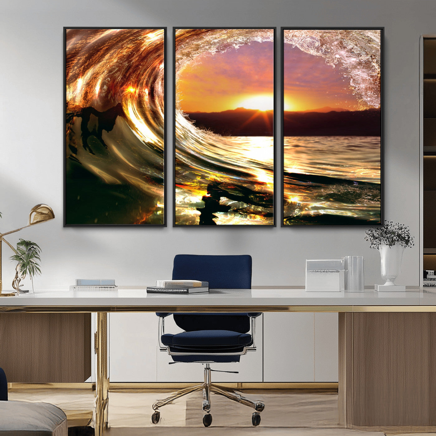 MGV-FC-48X32-3P - Golden Wave Sunset Triptych Canvas Art, Giclee Canvas Print of Ocean Wave and Sunset, Framed Ocean