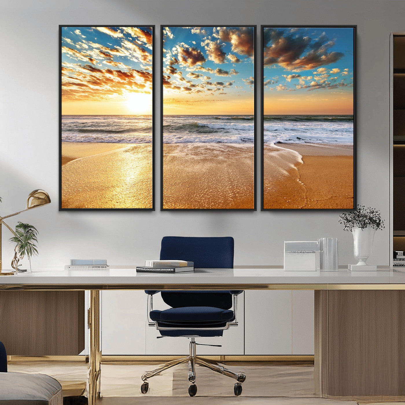 MGV-FC-48X32-3P - Golden Sunset Beach Print Canvas Wall Art, Giclee Canvas Print with Canon Print Quality, Triptych