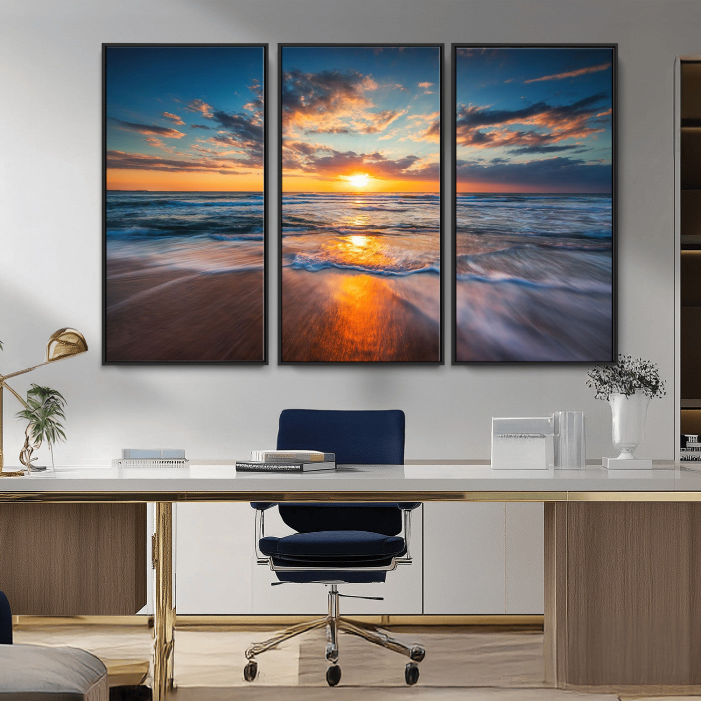 MGV-FC-48X32-3P - Sunset on the Ocean Beach with Waves, Reflections on Sand, Coastal Wall Art Print, Beach Wall Art,
