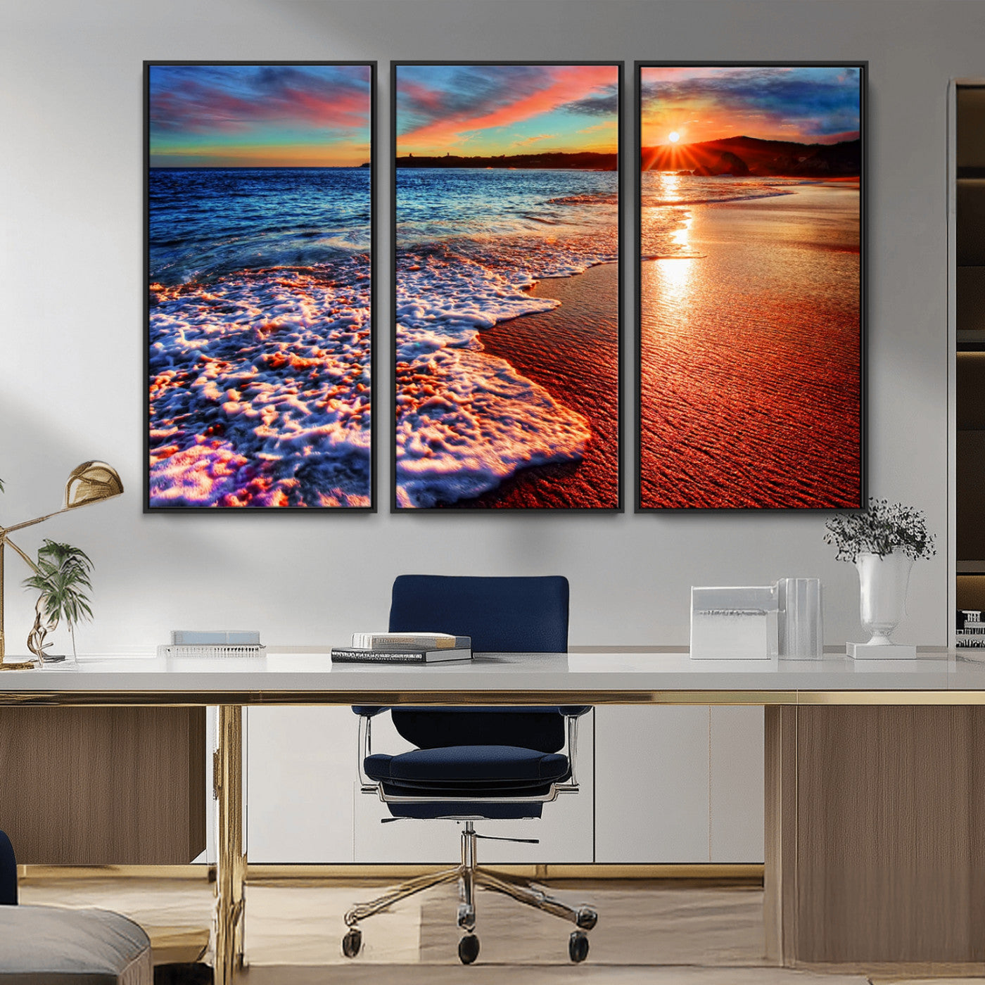 MGV-FC-48X32-3P - Colorful Coastal Sunset on the Beach Canvas Print, Ocean Waves Crashing at Dusk, Multi-Panel Seascape Vibrant Coastal Wall Art Canvas Print