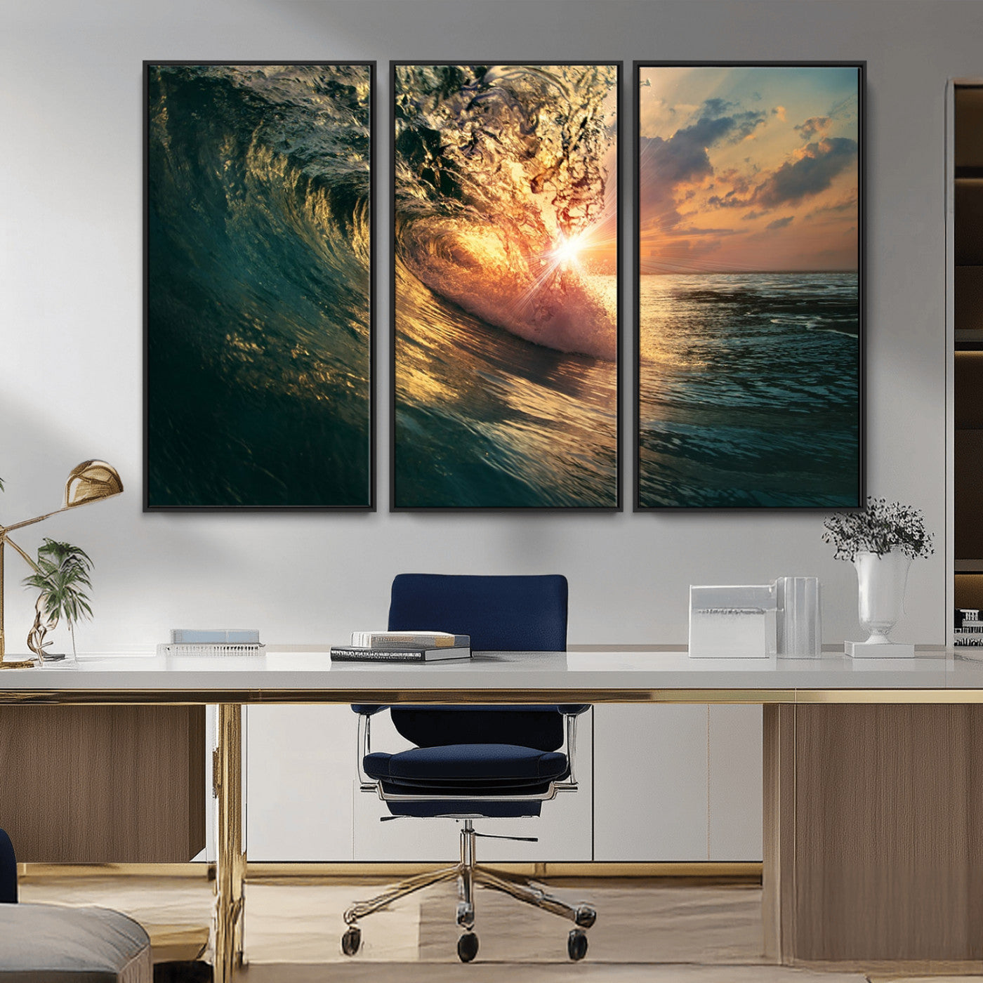 MGV-FC-48X32-3P - Ocean Wave Sunset Canvas Wall Art – Triptych Seascape Print – Framed and Ready to Hang for Living Room or Office