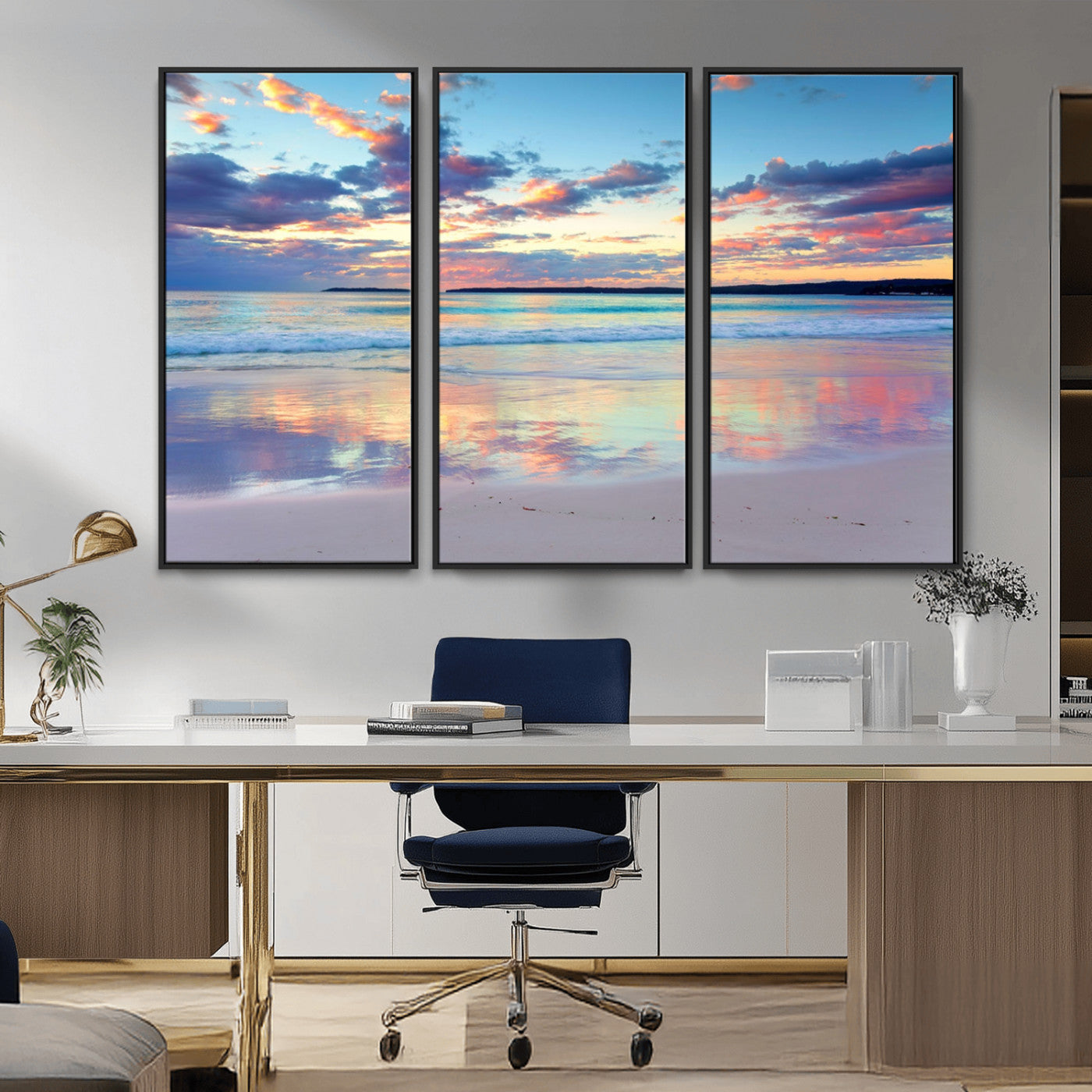 MGV-FC-48X32-3P - Tranquil Pastel Sunset Beach Triptych Canvas Art, Soothing Coastal Ocean Shoreline Giclee Print, Beach Reflections Wall Decor for Serene Spaces