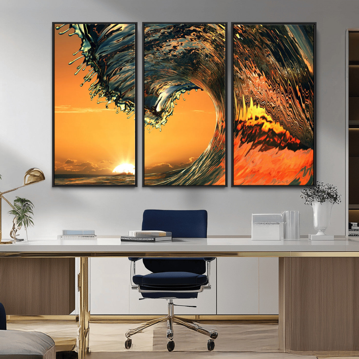 -Surf Wave Sunset Canvas Wall Art Print, 3-Panel Ocean Coastal Wall Art Print, Ocean Decor for