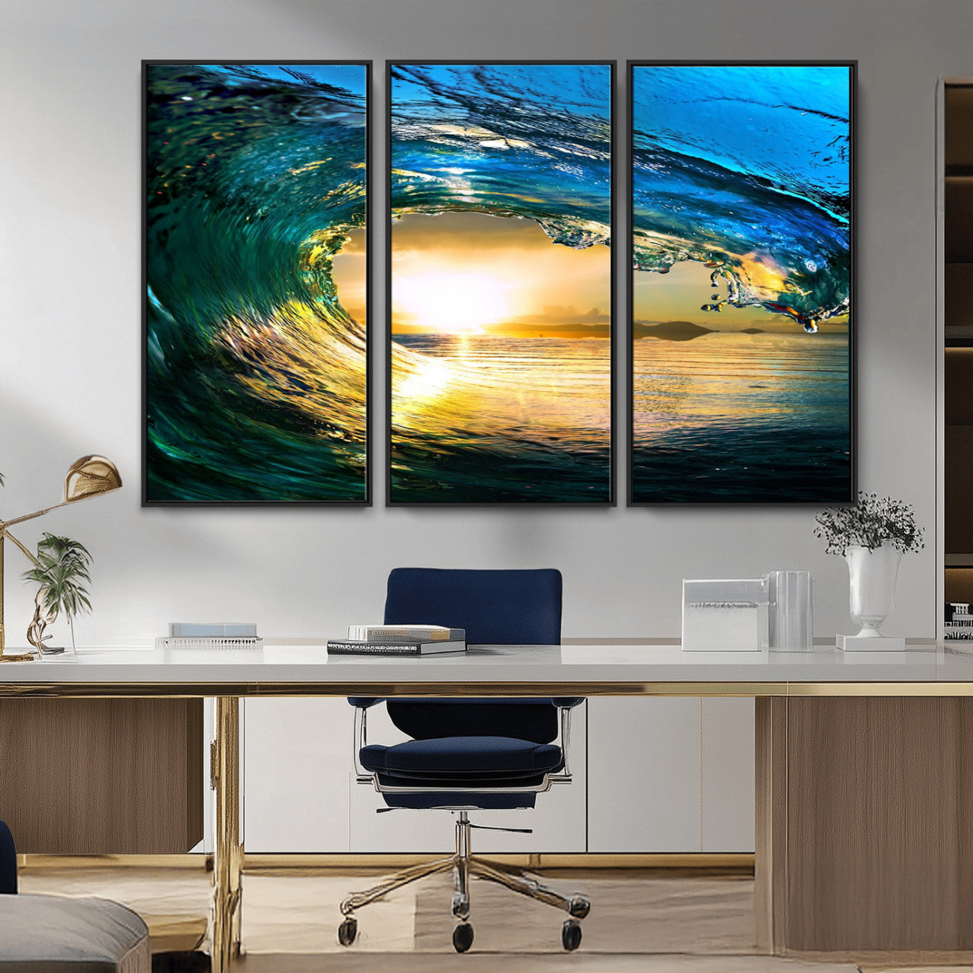 MGV-FC-48X32-3P - Ocean Wave at Sunset Canvas Art, Large Wall Print of Vibrant Water Waves, Coastal Art for Living Room and Dining Room