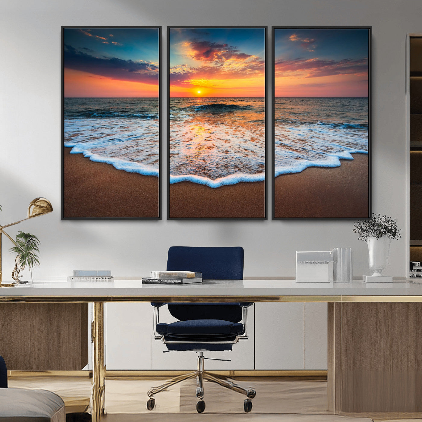 MGV-FC-48X32-3P - Sunset Beach Canvas Wall Art – Colorful Ocean Waves Triptych – Coastal Decor for Living Room or Bedroom – Framed and Ready to Hang