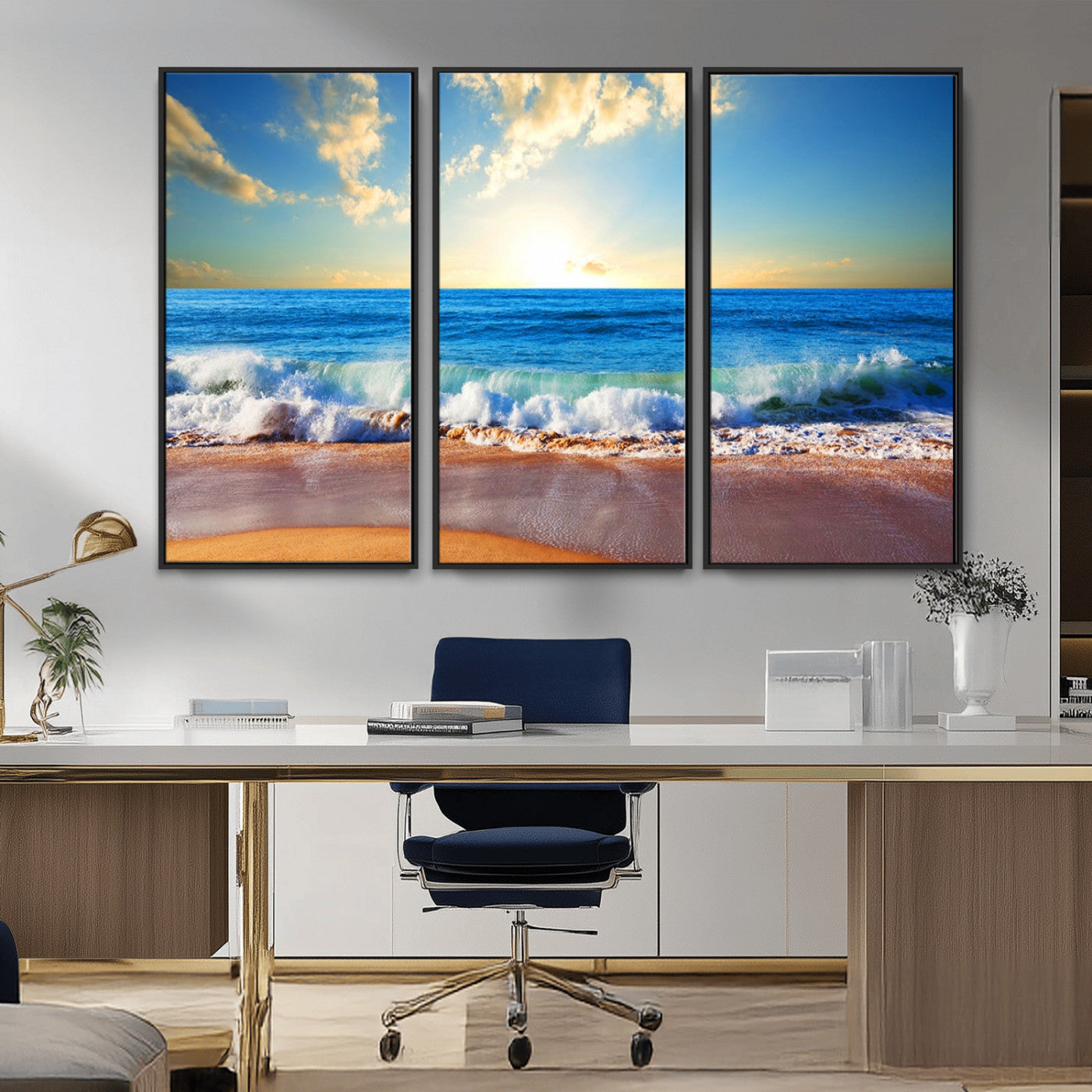 MGV-FC-48X32-3P - Tropical Beach Sunset Canvas Art, Ocean Waves and Sandy Shoreline Wall Art, Large Beach Decor for Coastal Homes