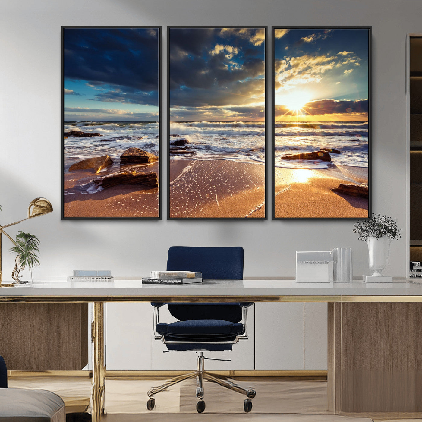 MGV-FC-48X32-3P - Golden Hour Beach Sunset Canvas Triptych, Ocean Waves and Rocks Wall Art for Coastal Home Decor