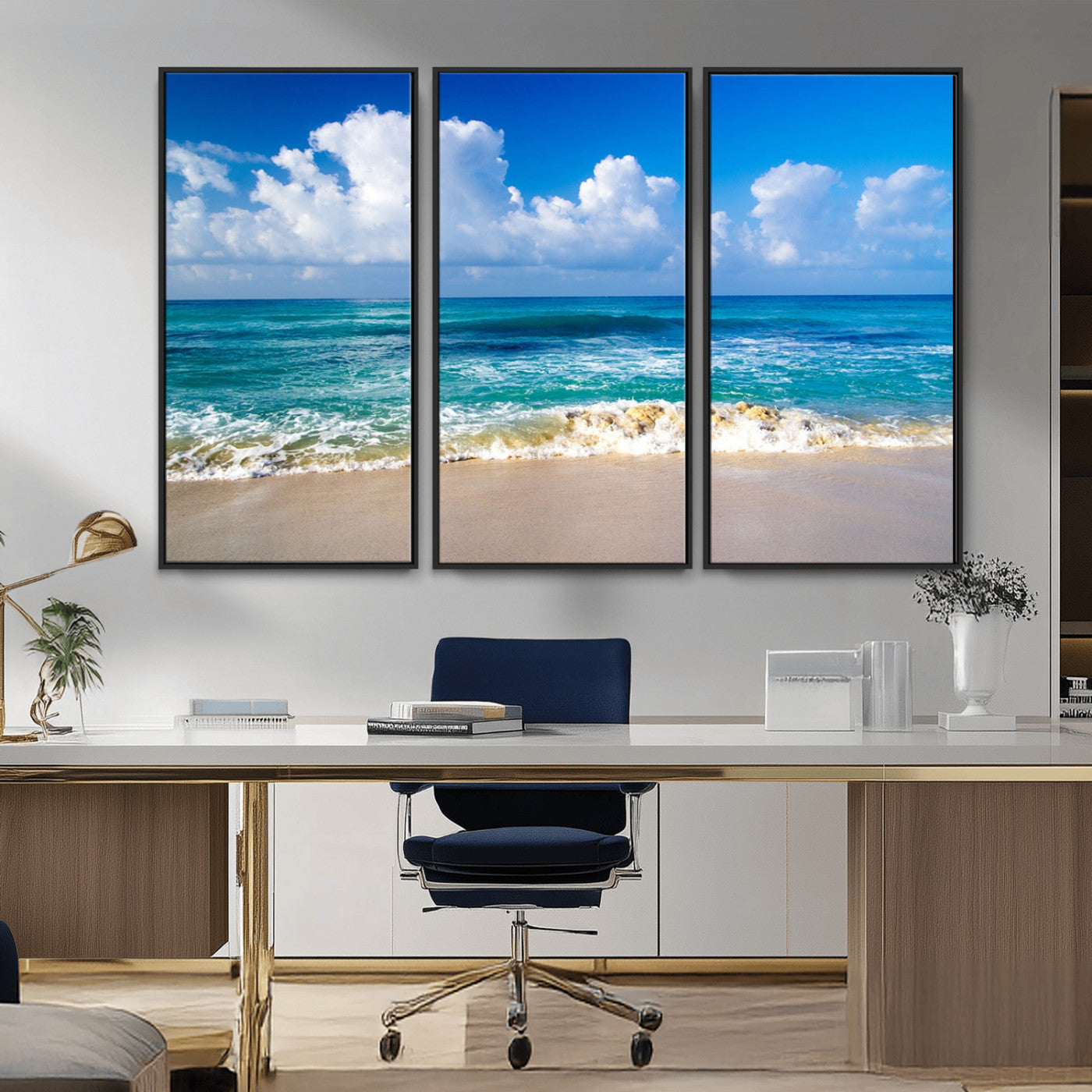 MGV-FC-48X32-3P - Tropical Beach 3-Panel Canvas Wall Art – Serene Ocean Waves and Blue Sky – Giclée Print for Living Room, Office, or Bedroom Coastal Decor