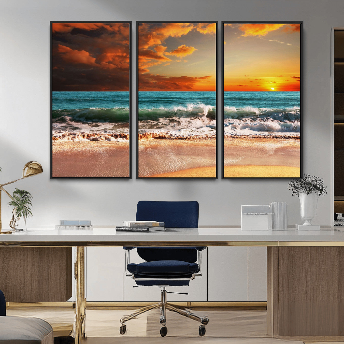 MGV-FC-48X32-3P - Golden Sunset Beach Canvas Wall Art – Triptych Seascape Print – Framed and Ready to Hang for Living Room or Office