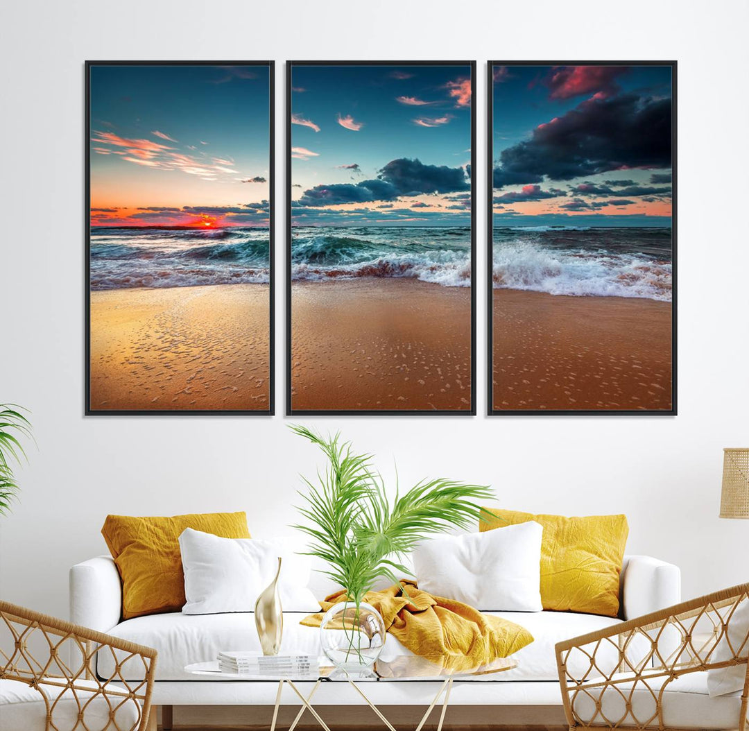 Sunset on Beach Wall Art: Waves under a vibrant sky. Crafted on museum-quality canvas, ready to hang and admire.