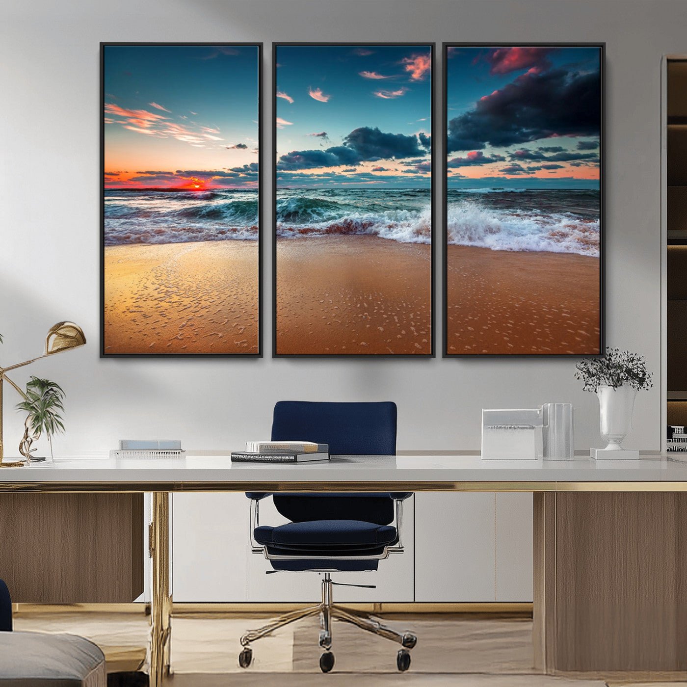 MGV-FC-48X32-3P - Sunset Ocean Beach Wall Art – Giclee Canvas Print, Coastal Seascape, Ready to Hang, Beach Decor, Large 3-Panel Set for Living Room