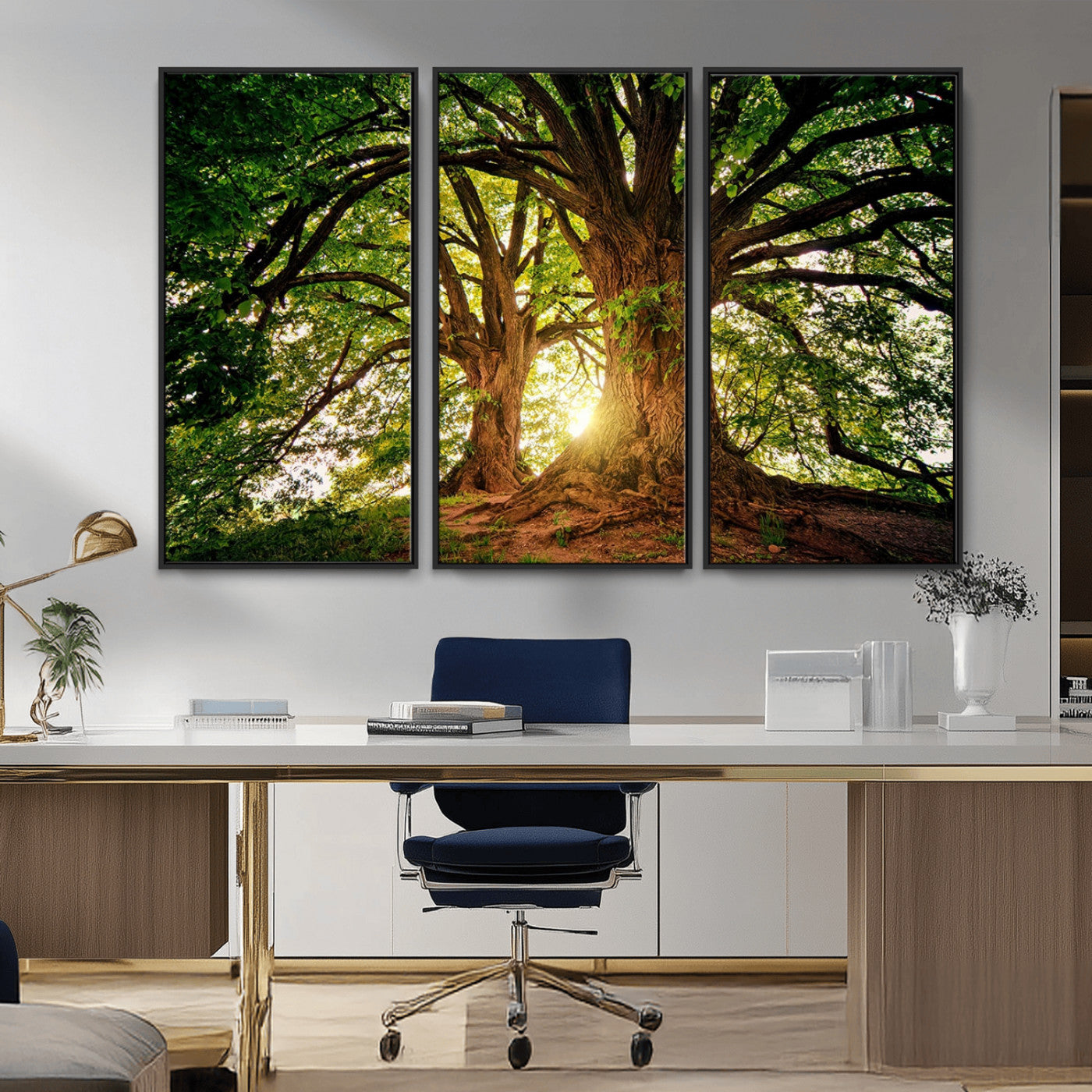 MGV-FC-48X32-3P - Majestic Ancient Tree Wall Art, Nature-Inspired Canvas Print, Woodland Art, Tree of Life Artwork, Sunlit Forest, Giclee Nature Print