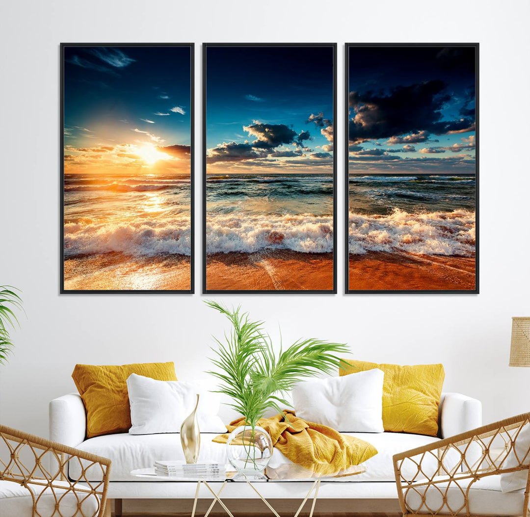 Golden Hour Sunset Over Ocean Waves Canvas: 3-Panel Coastal Landscape Art with Stunning Beach Photography Print.