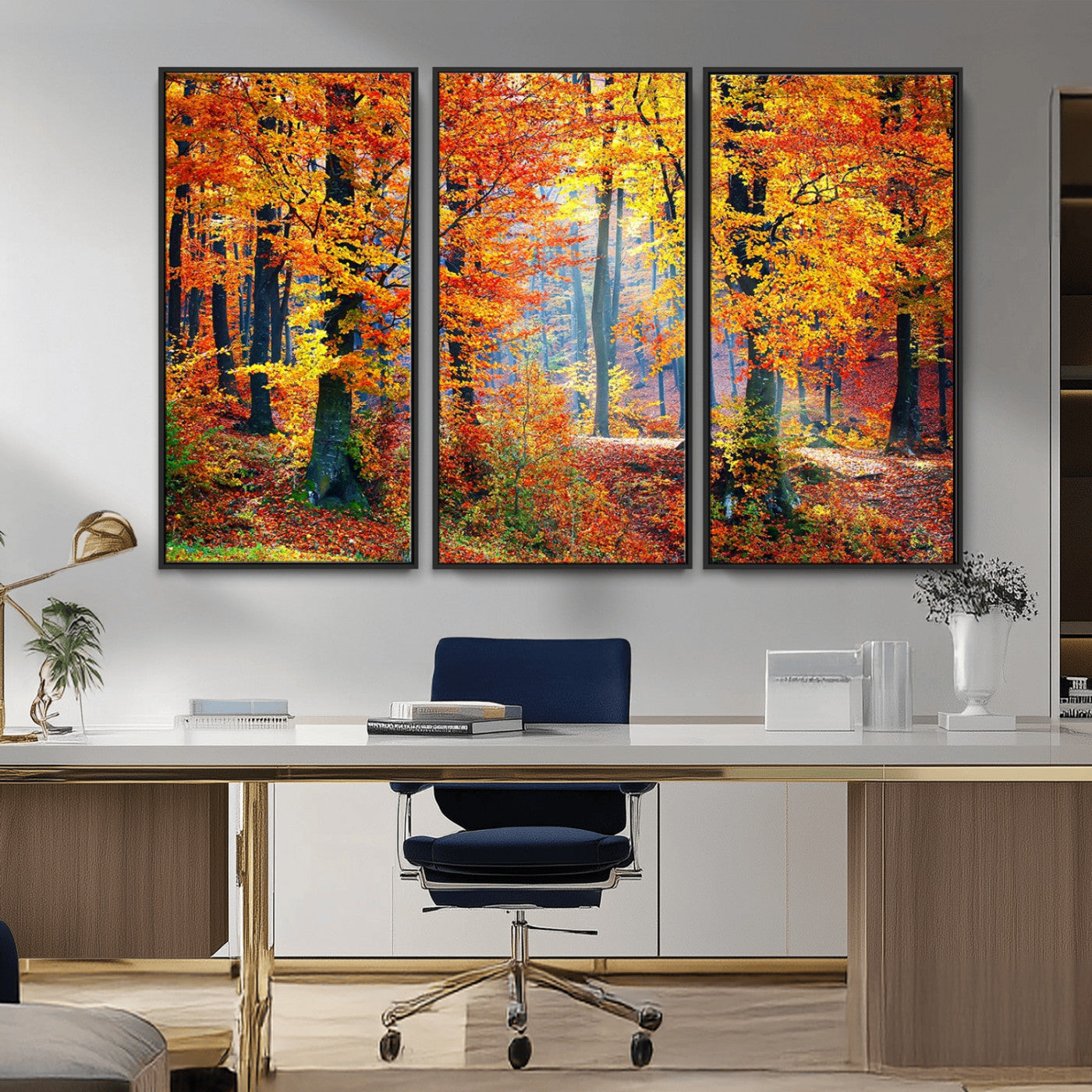 MGV-FC-48X32-3P - Autumn Red Forest Triptych Canvas Wall Art Print, Forest Wall Decor, Fall Landscape Art | Season Nature Landscape for Home or Office