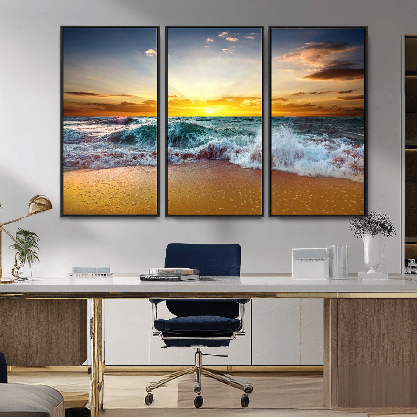 MGV-FC-48X32-3P - Golden Sunset Ocean Waves Wall Art Canvas Print – Multi Panel Beach Canvas Print Set – Large Coastal Triptych Print for Home or Farmhouse Decor