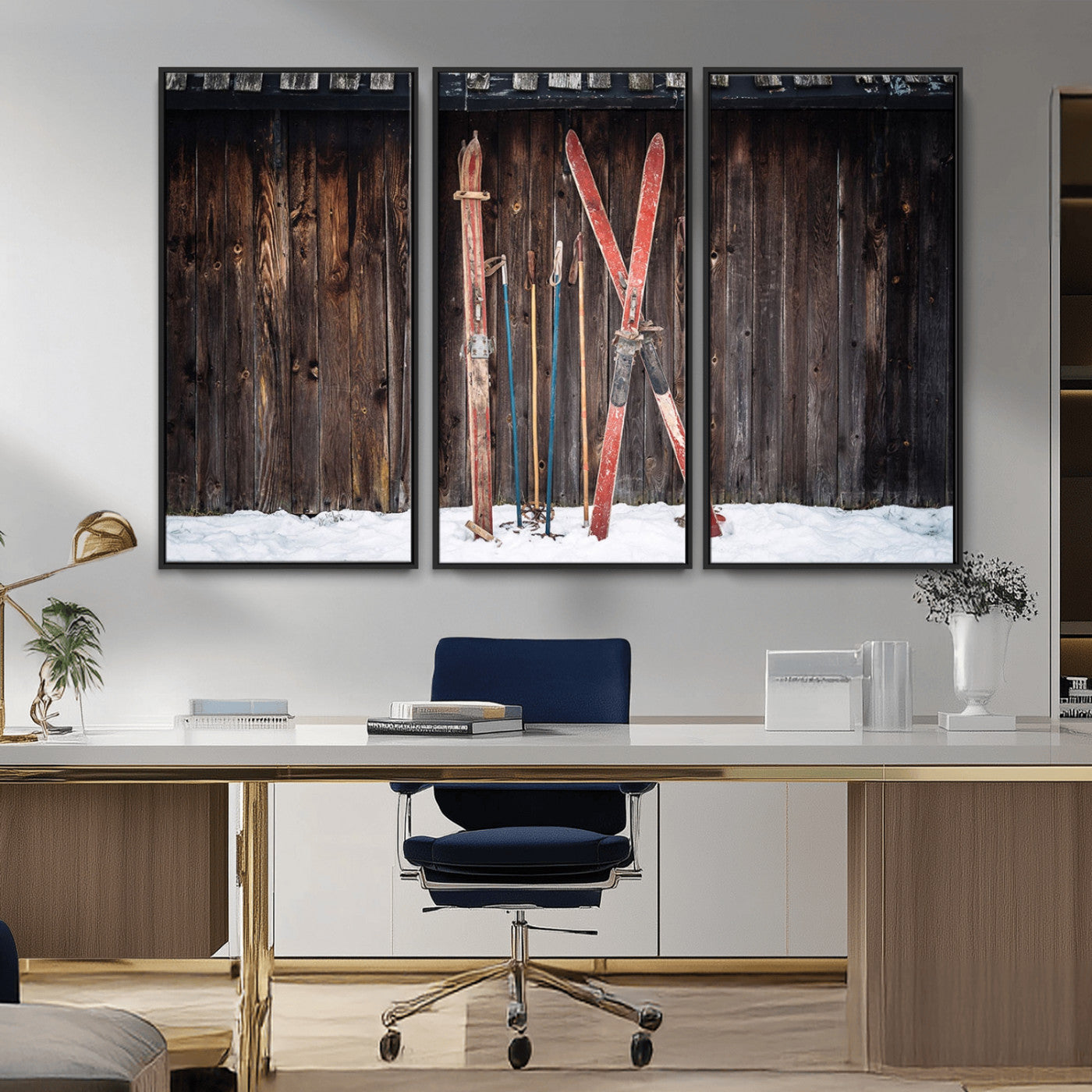 MGV-FC-48X32-3P - Vintage Ski Gear Against Wooden Cabin Wall, Rustic Winter Sports Equipment Canvas Print, Ready to Hang Wall Art, Perfect for Lodge or Ski Cabin Decor