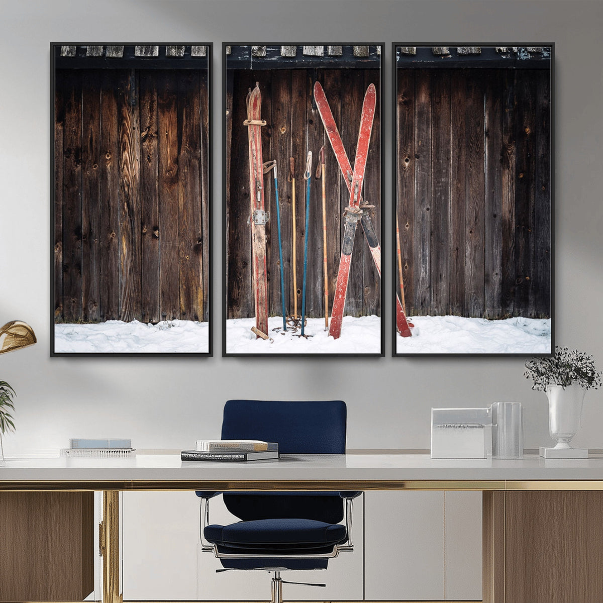 78590-MGV-CV-36X24 - Vintage Ski Gear Canvas Print, Vintage Ski Gear Against Wooden Cabin Wall
