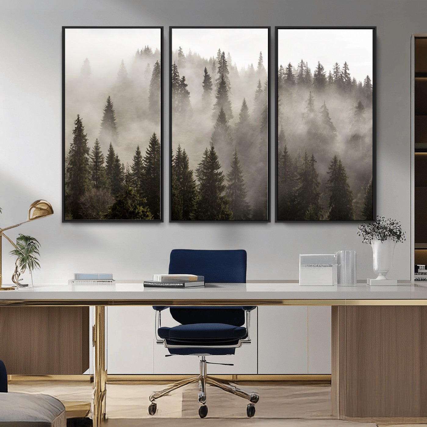 MGV-FC-48X32-3P - Foggy Mountain Wall Art | 3-Panel Foggy Forest and Mountain Landscape | Large Giclee Print for