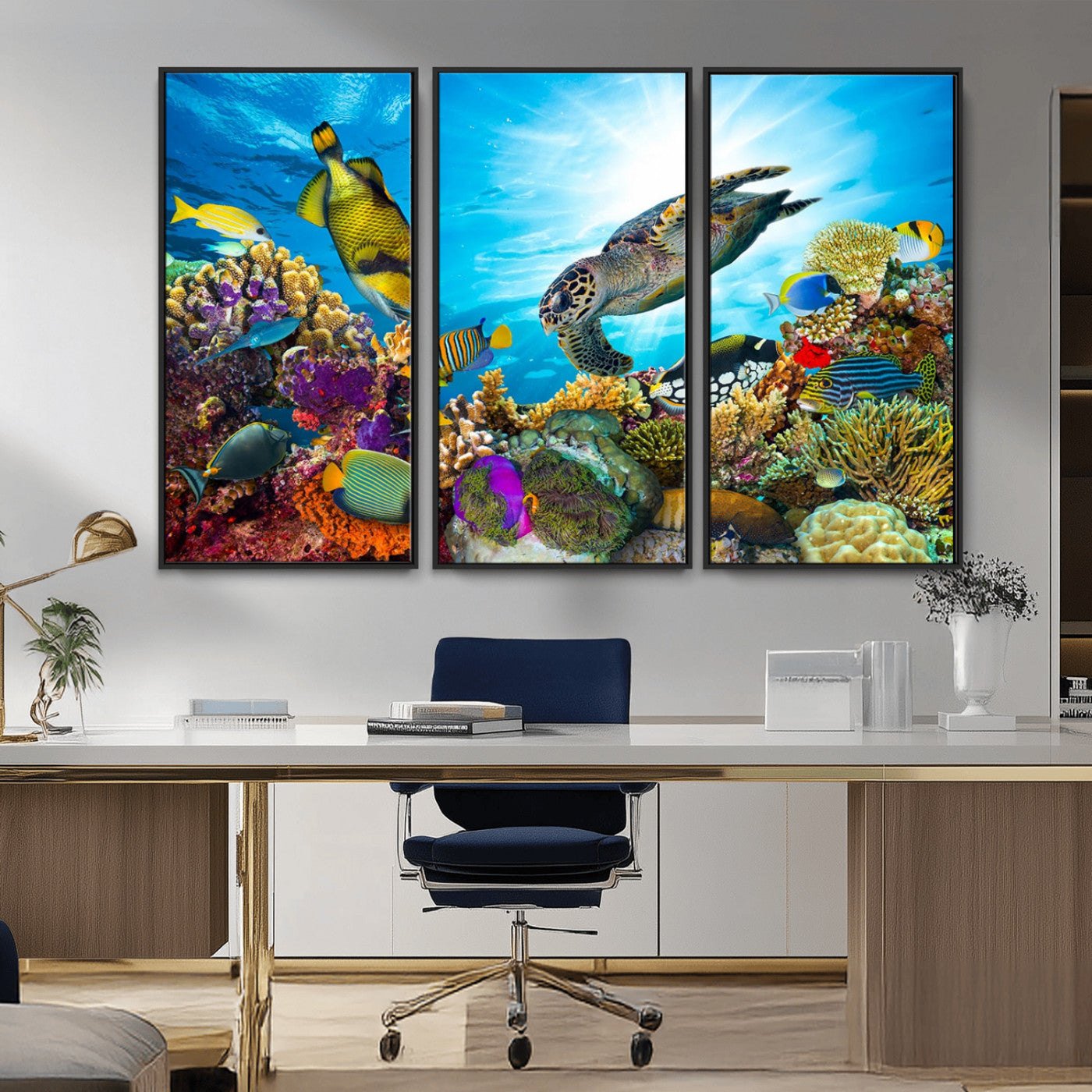 MGV-FC-48X32-3P - Sea Turtle Coral Reef Wall Art Print – Colorful Underwater Canvas Print – Tropical Ocean Marine Life Artwork – Perfect for Coastal Home Decor