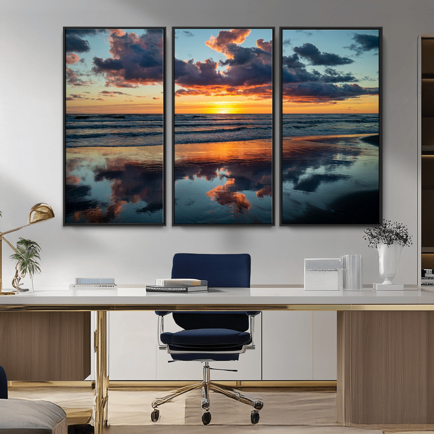 MGV-FC-48X32-3P - Beach Sunset Print - Stunning Ocean Canvas Artwork with Sunset Reflection Design for Elegant Home or