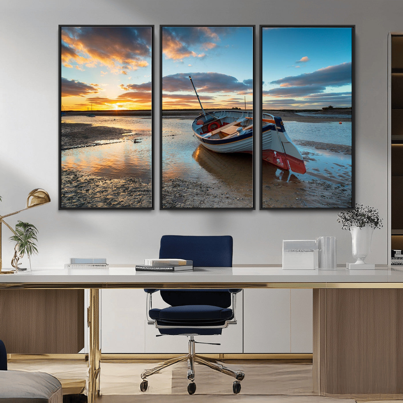 MGV-FC-48X32-3P - Small Boat At The Beach Sunset Wall Art, Boat Sunset Wall Art Canvas Print