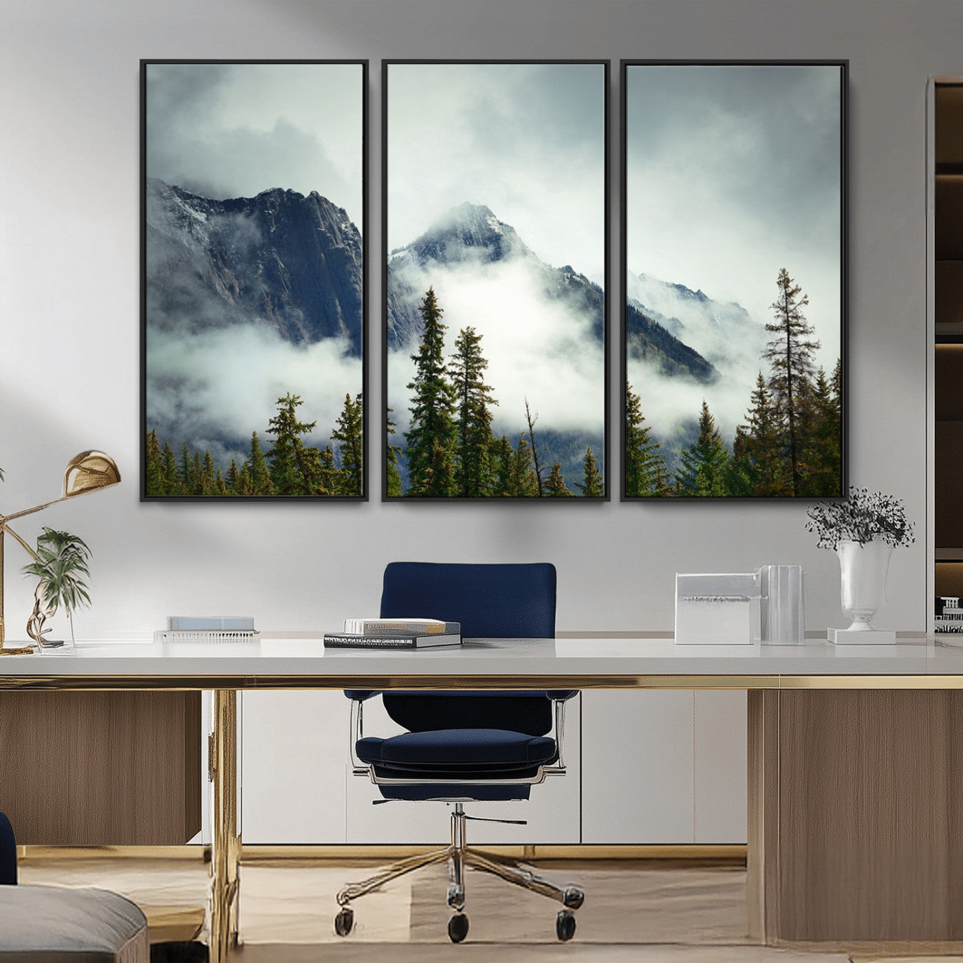 MGV-FC-48X32-3P - Mountain Mist Canvas Wall Art | 3-Panel Foggy Forest and Mountain Landscape | Large Giclee Print for Living Room, Office, or Cabin, Farmhouse Decor
