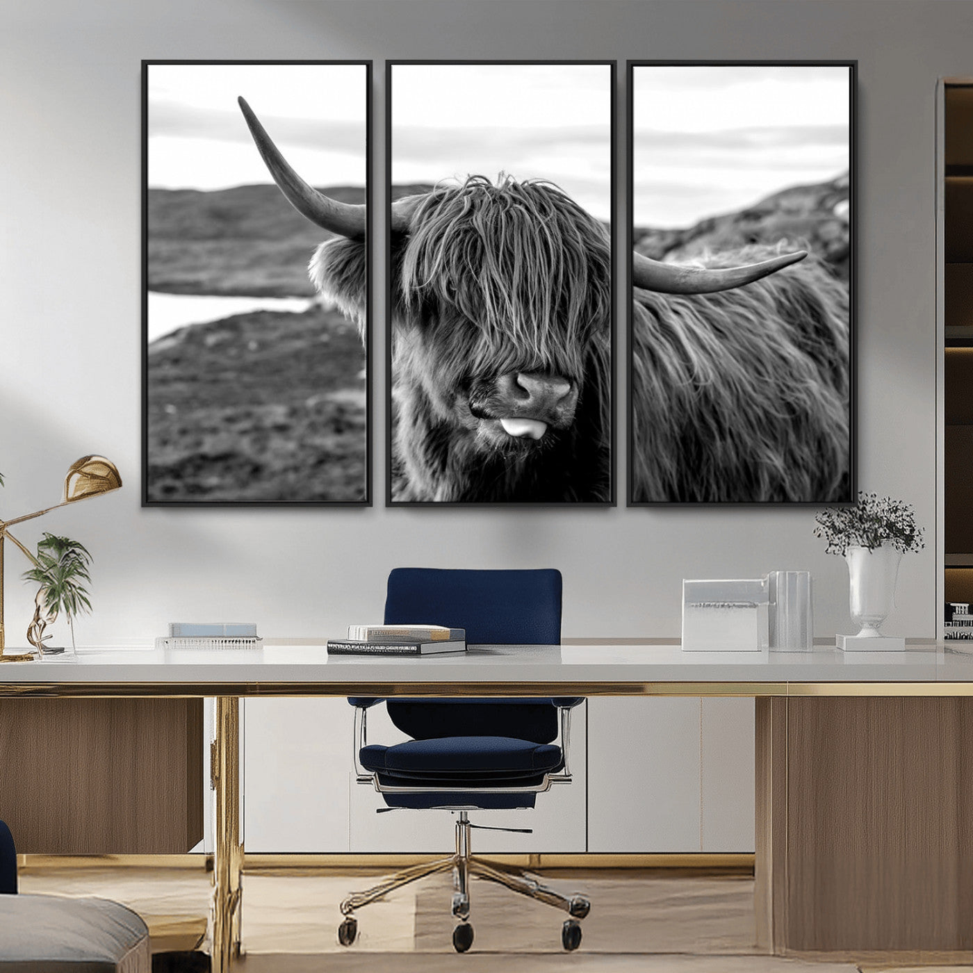 MGV-FC-48X32-3P - Highland Cow Canvas Wall Art – Black and White Animal Portrait – Framed and Ready to Hang Rustic Farmhouse Decor for Living Room or Office