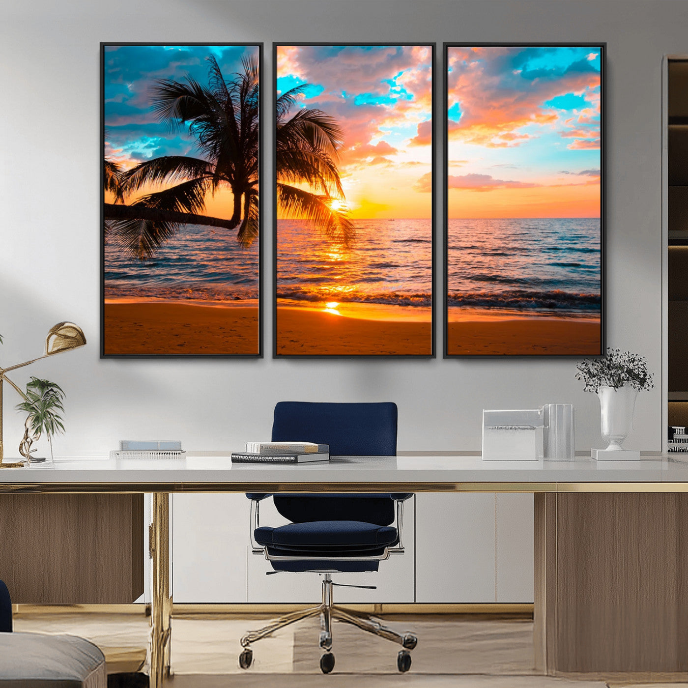-Palm Tree Sunset On The Beach Wall Art Canvas, Framed Palm Tree Sunset Canvas Print