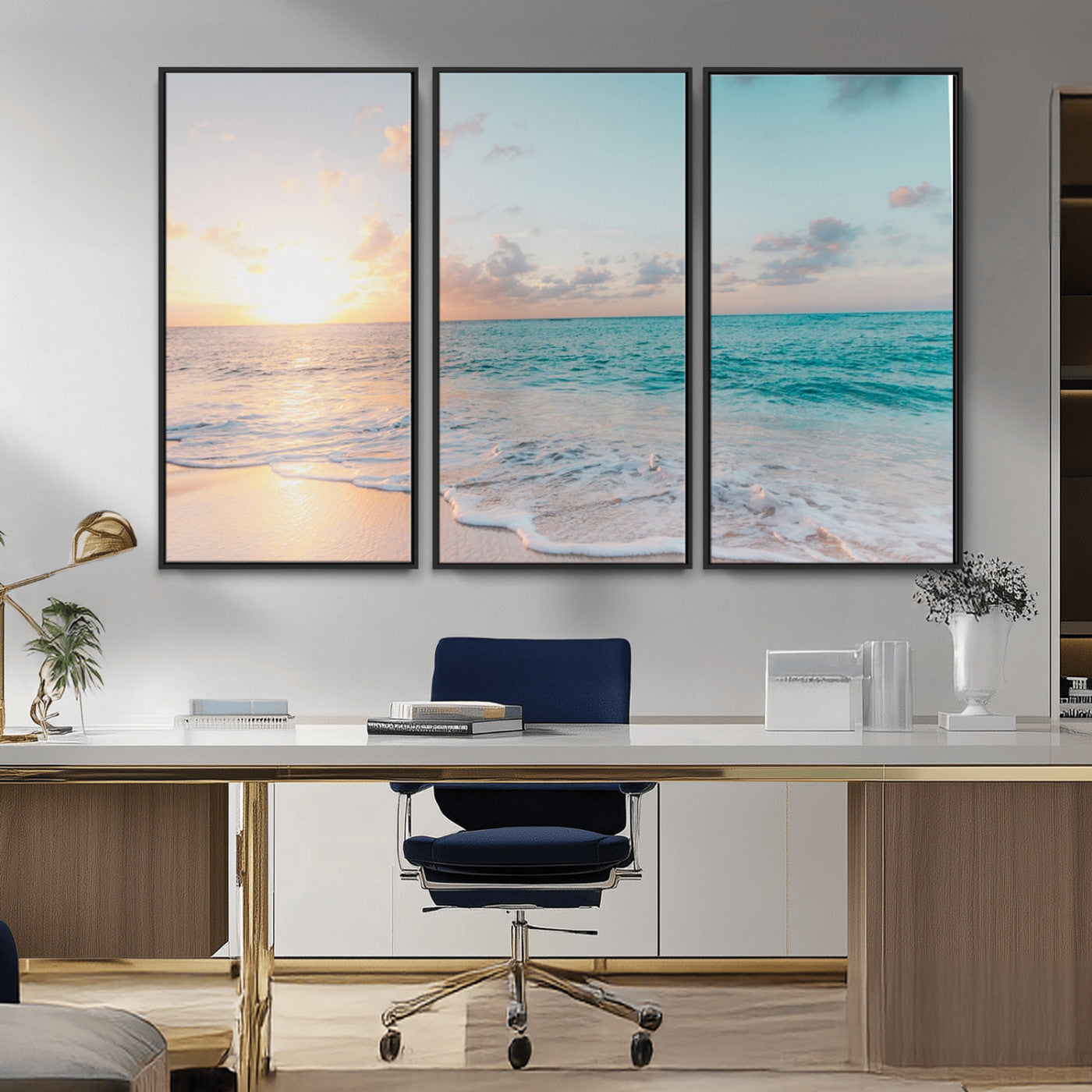 MGV-FC-48X32-3P - Tranquil Ocean Beach Sunset Canvas Wall Art | 3-Panel Coastal Decor