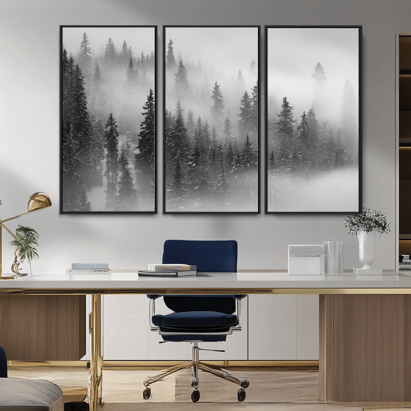 MGV-FC-48X32-3P - Black and White Forest Wall Art Print – Misty Pine Tree Canvas Print – Winter Woodland Nature Artwork – Perfect for Minimalist Home Decor