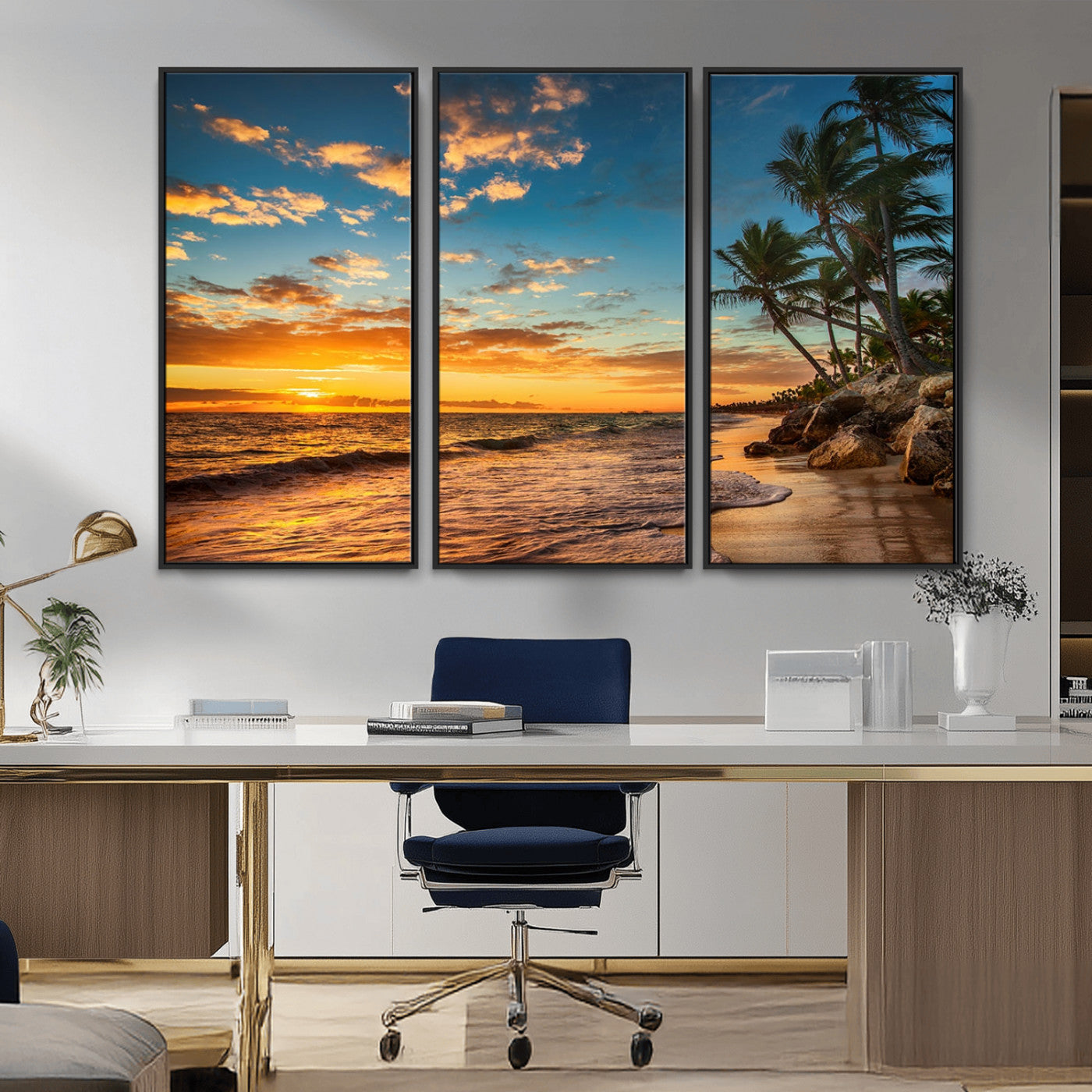 MGV-FC-48X32-3P - Tropical Beach Sunset Wall Art Print – Palm Tree Coastal Canvas Print – Ocean Seascape Artwork – Perfect for Tropical Modern Home Decor
