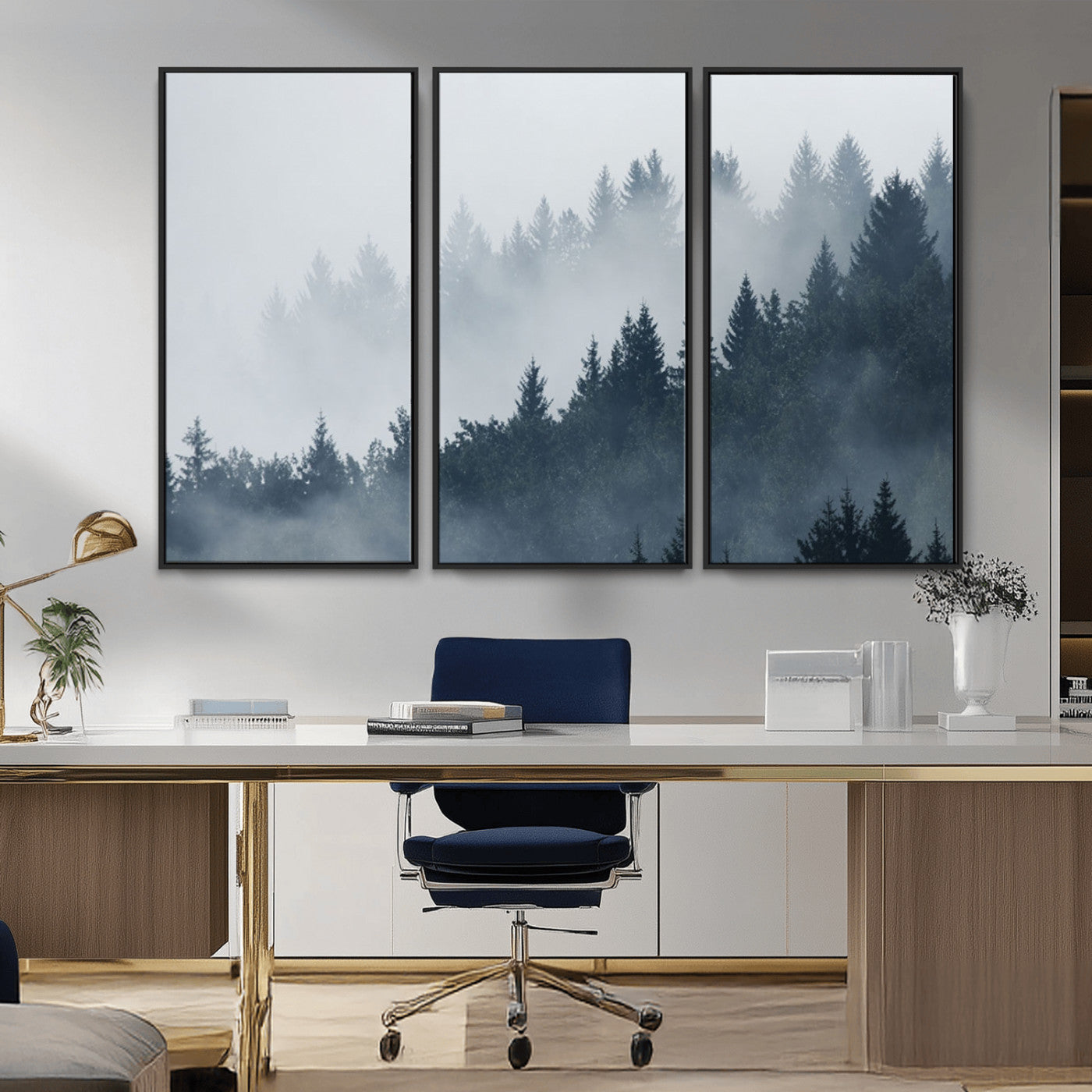 MGV-FC-48X32-3P - Misty Forest Wall Art Print – Foggy Pine Tree Canvas Print – Dark Woodland Nature Artwork – Perfect for Minimalist and Modern Home Decor