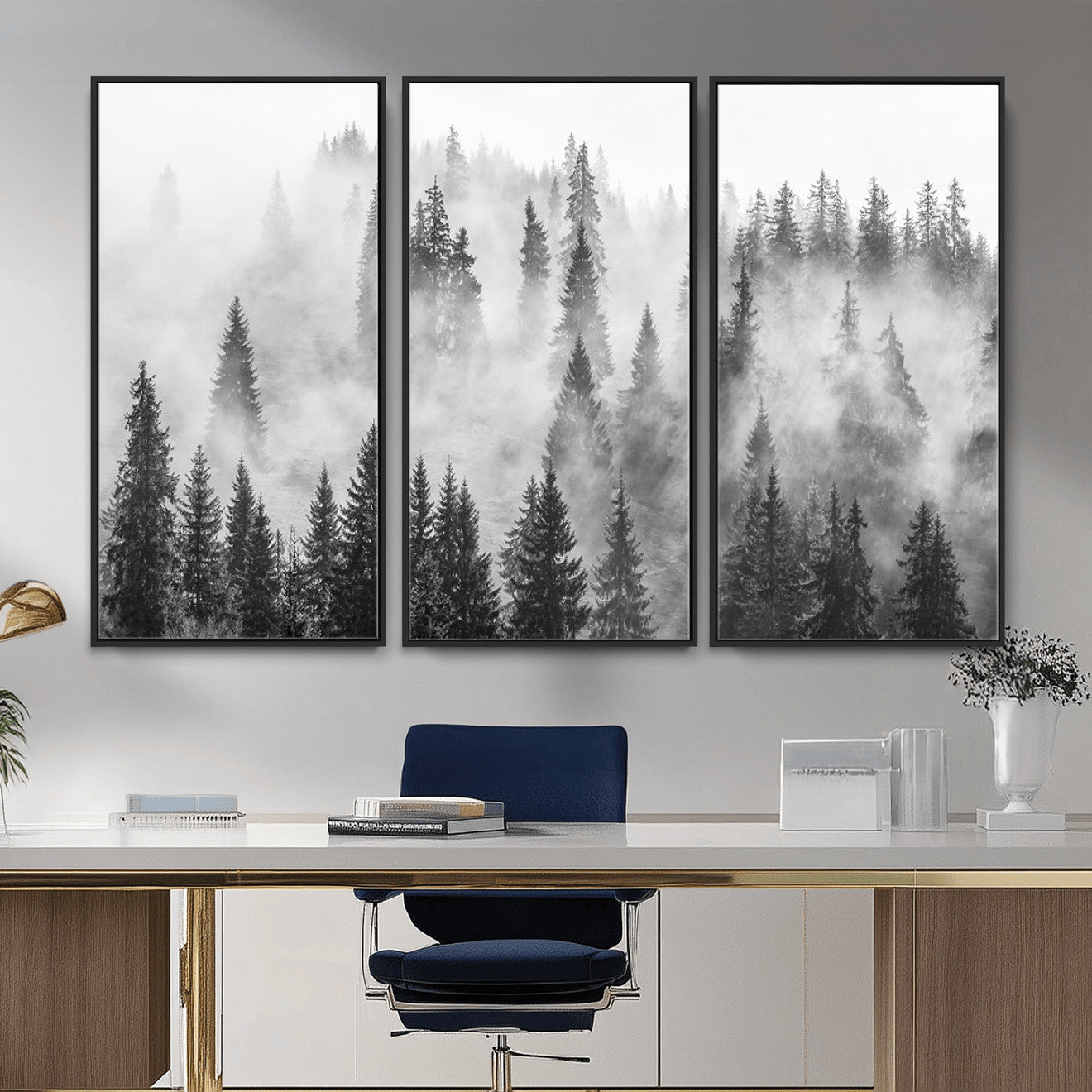 10422-MGV-CV-36X24 - Forest Wall Art Print | Foggy Pine Forest Canvas Wall Art - Black and White Nature Decor for Living