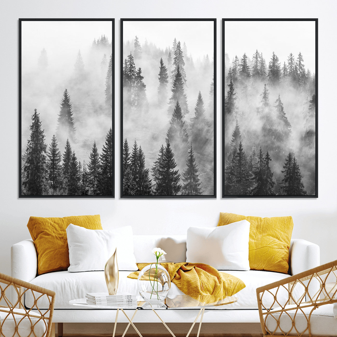 10422-MGV-CV-36X24-Forest Wall Art Print | Foggy Pine Forest Canvas Wall Art - Black and White Nature Decor for Living Room