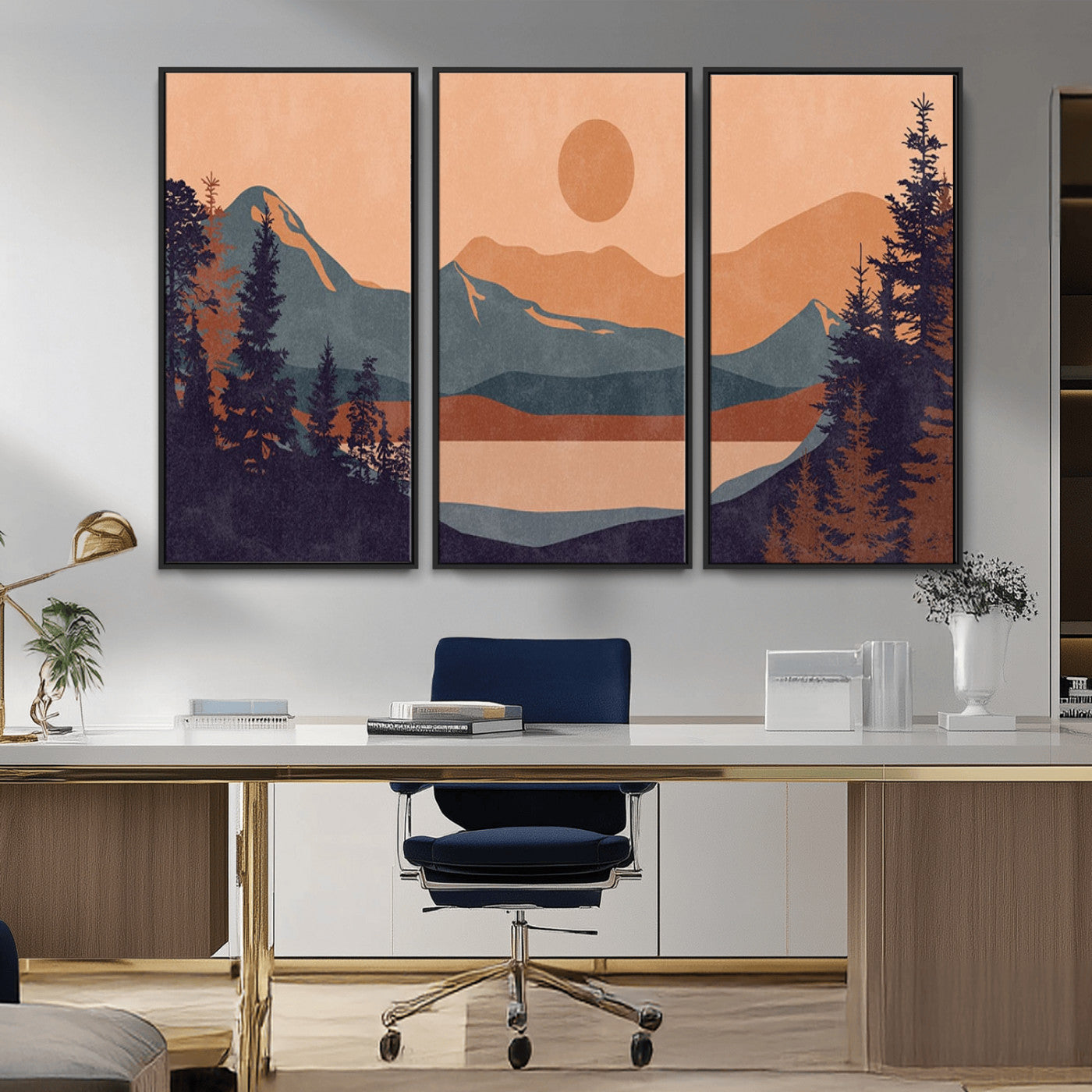MGV-FC-48X32-3P - Modern Boho Sunset Canvas Print, Mountain Landscape Triptych – Giclée Canvas Art Print for Living