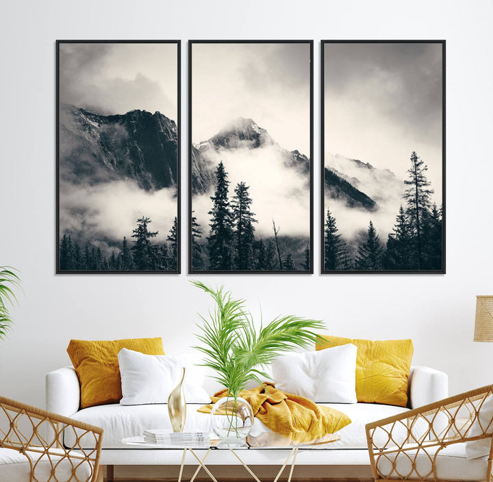 Forest Mountain Print - Black and White Canvas.