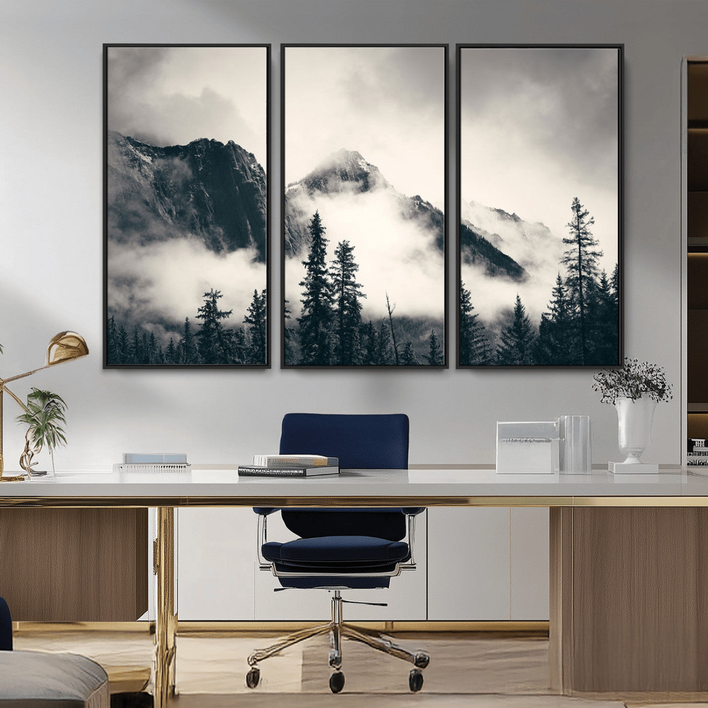 MGV-FC-48X32-3P - Large Foggy Mountain Forest Wall Art Canvas Print | Misty Mountain Peaks and Pine Trees Print | Framed Gallery Wrap | Rustic Nature Farmhouse Decor