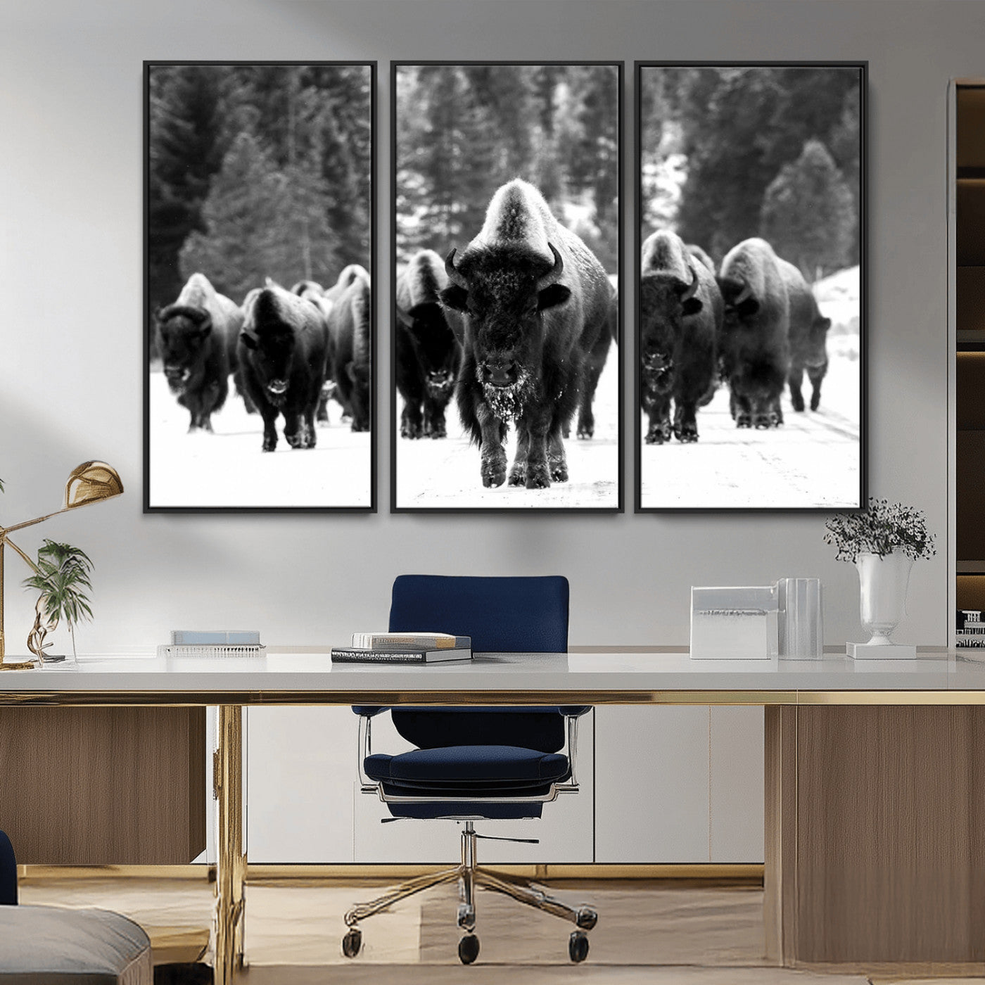 62434-MGV-CV-36X24-Bison Herd in Snow Wall Art Canvas Print | Rustic Western Bison Wall Art for Decor for Living Room,