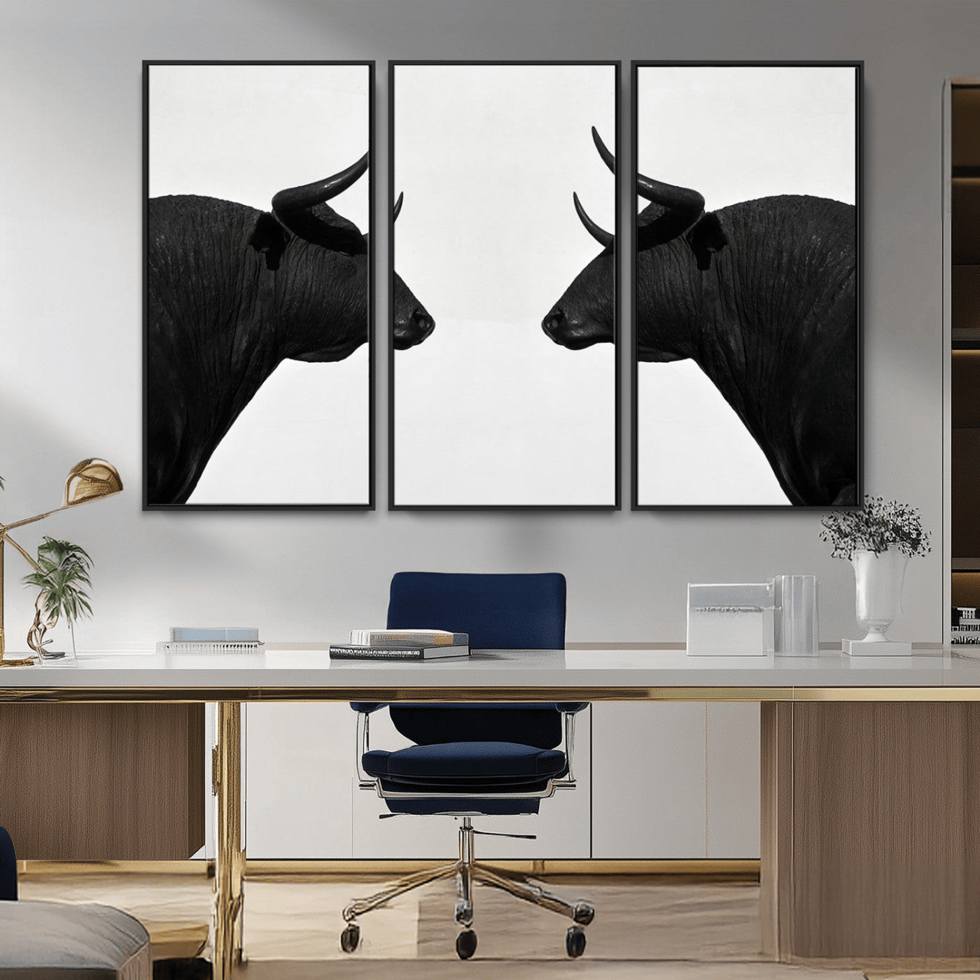 -Spanish Bull Art - Framed Black and White Bull Canvas Print for Modern Rustic Home or Office Decor