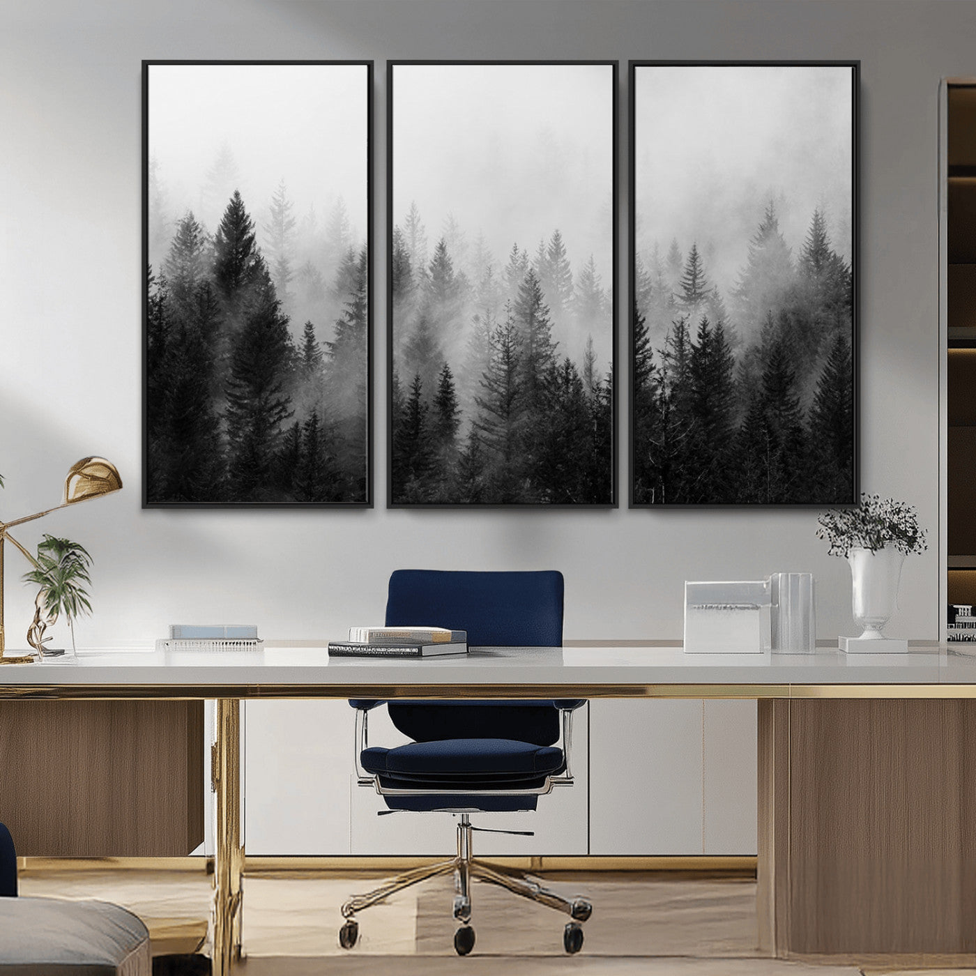 MGV-FC-48X32-3P - Fogy Forest Canvas Wall Art Print - Mountain Wall Art with Pine Trees and Misty Forest Canvas Print