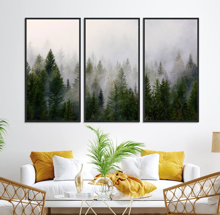 A serene, foggy evergreen forest creates a mysterious atmosphere, ideal for premium canvas wall art.