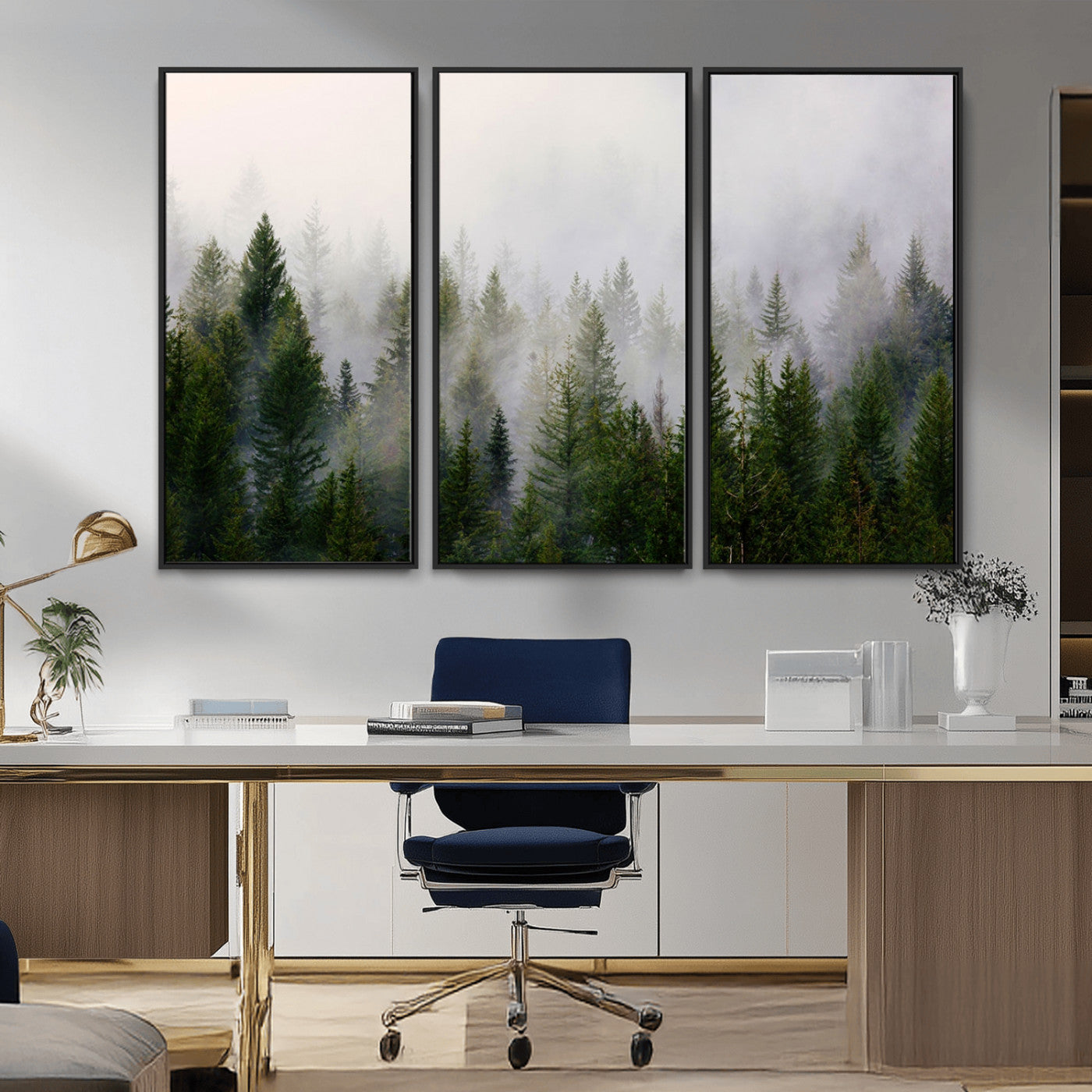 MGV-FC-48X32-3P - Misty Pine Forest Wall Art Canvas Print | 3 Panel Green Woodland Canvas Print for Living Room, Office, or Dining Room | Nature Foggy Forest Decor