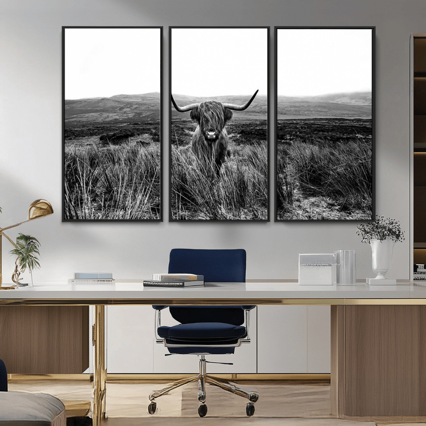 MGV-FC-48X32-3P - Black and White Highland Cow Canvas Wall Art, Longhorn Triptych Western Wall Decor for Cabin -