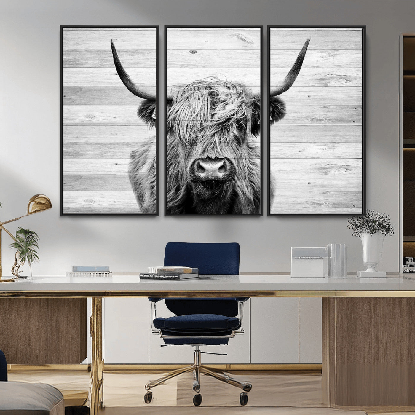 MGV-FC-48X32-3P - Scottish Highland Cow Cattle Art Print on Wood Background Style