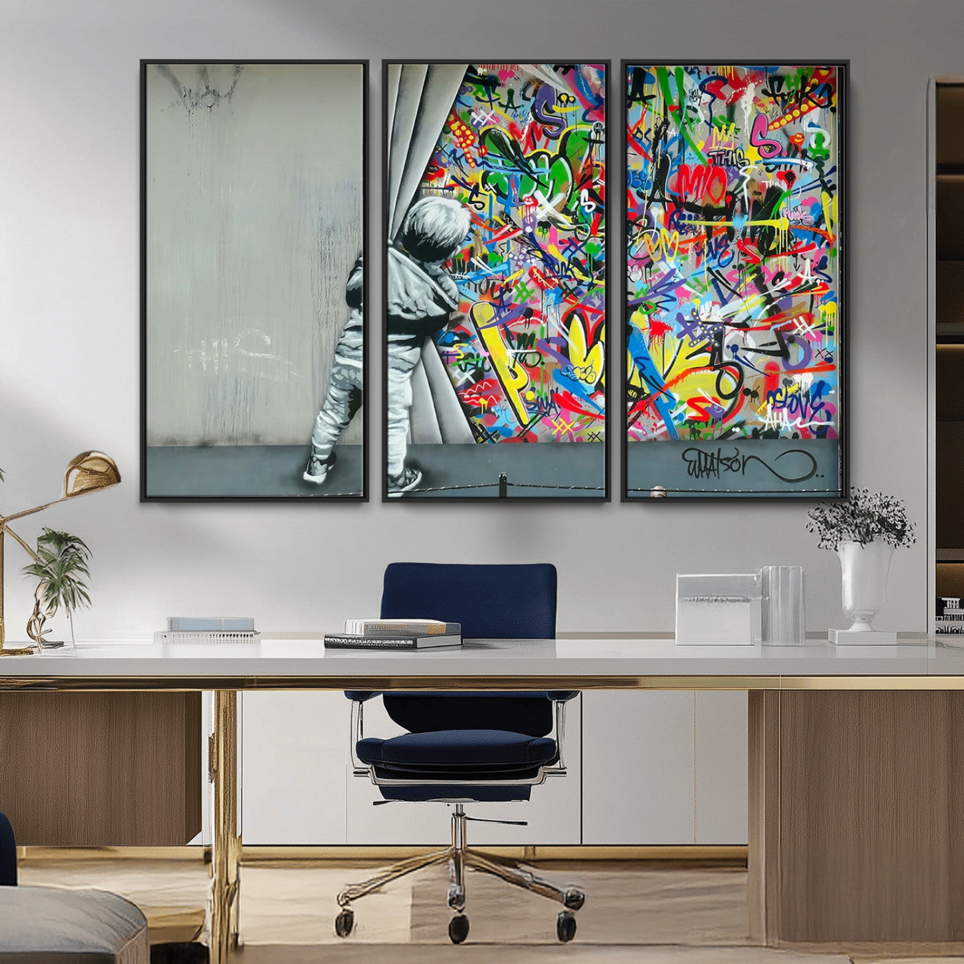 MGV-FC-48X32-3P - Banksy Colorful Street Graffiti Canvas Wall Art Print, Modern Art Triptych, Child and Graffiti Wall, Urban Art for Home or Office Decor