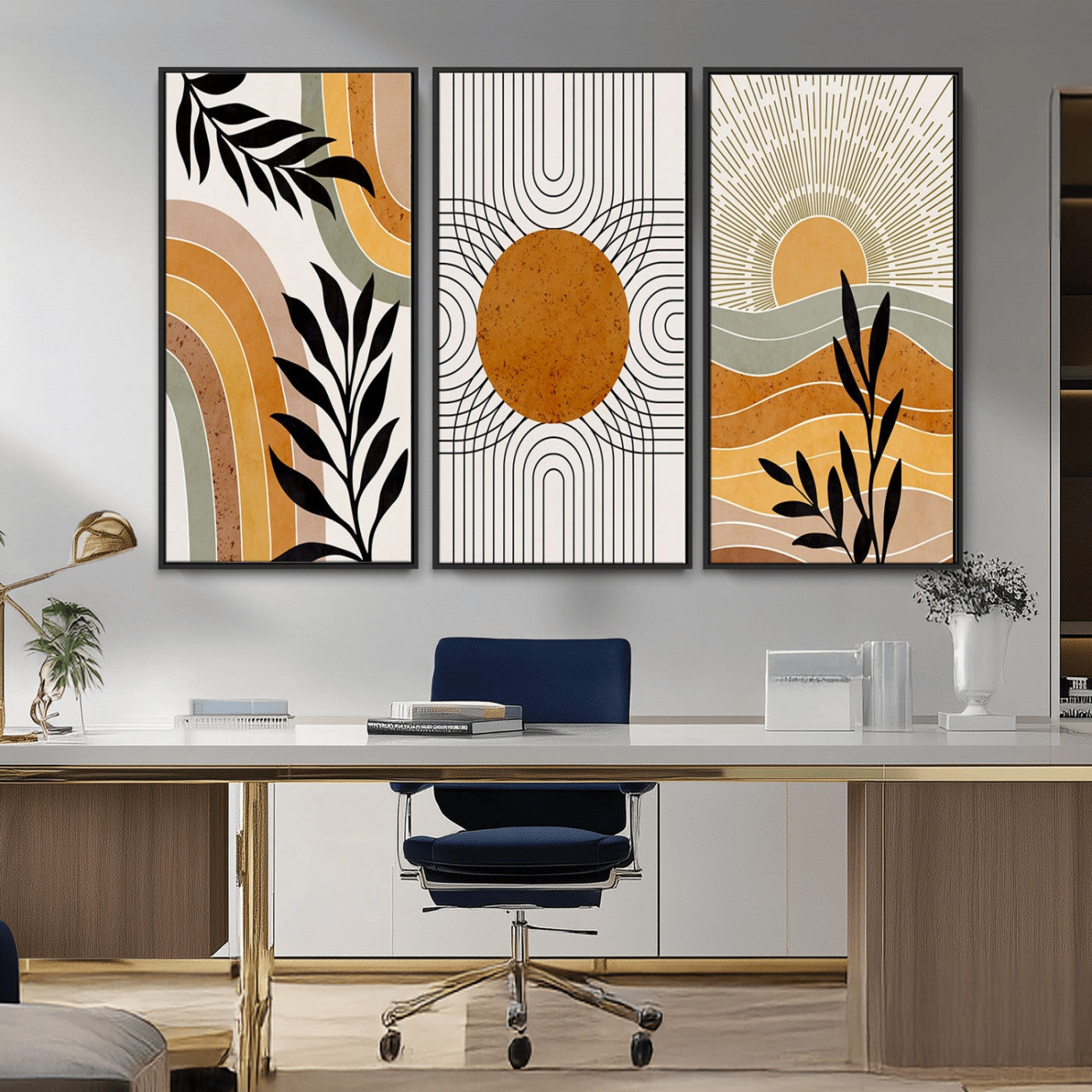MGV-FC-48X32-3P - Modern Boho Sun and Leaf Abstract Art – 3-Panel Giclée Canvas for Mid-Century Modern or Bohemian