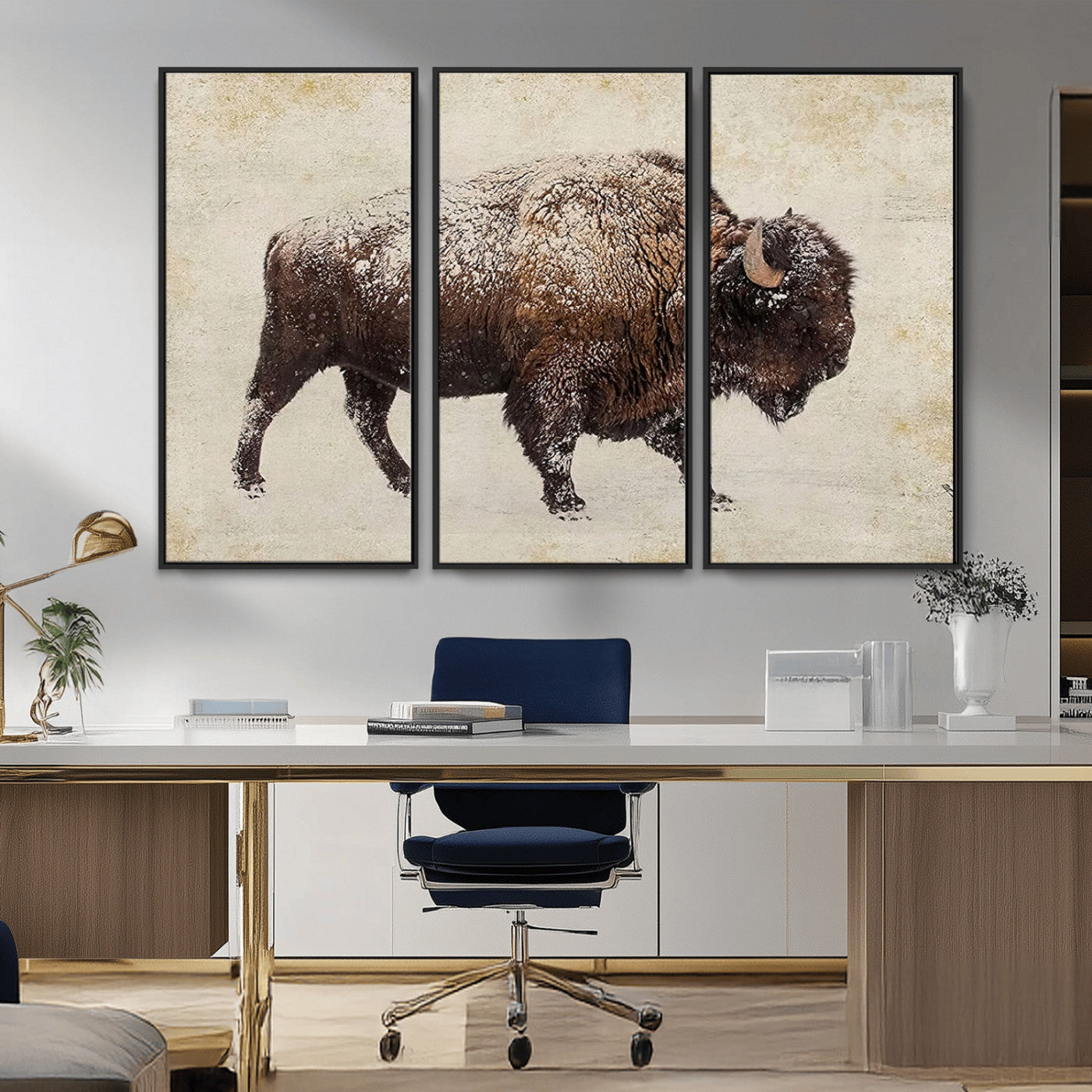 MGV-FC-48X32-3P - Buffalo Wall Art, Western Bison Canvas Print, Rustic Buffalo Art for Cowboy Western Decor, Large Multi-Panel Giclee Canvas for Farmhouse Wall Decor