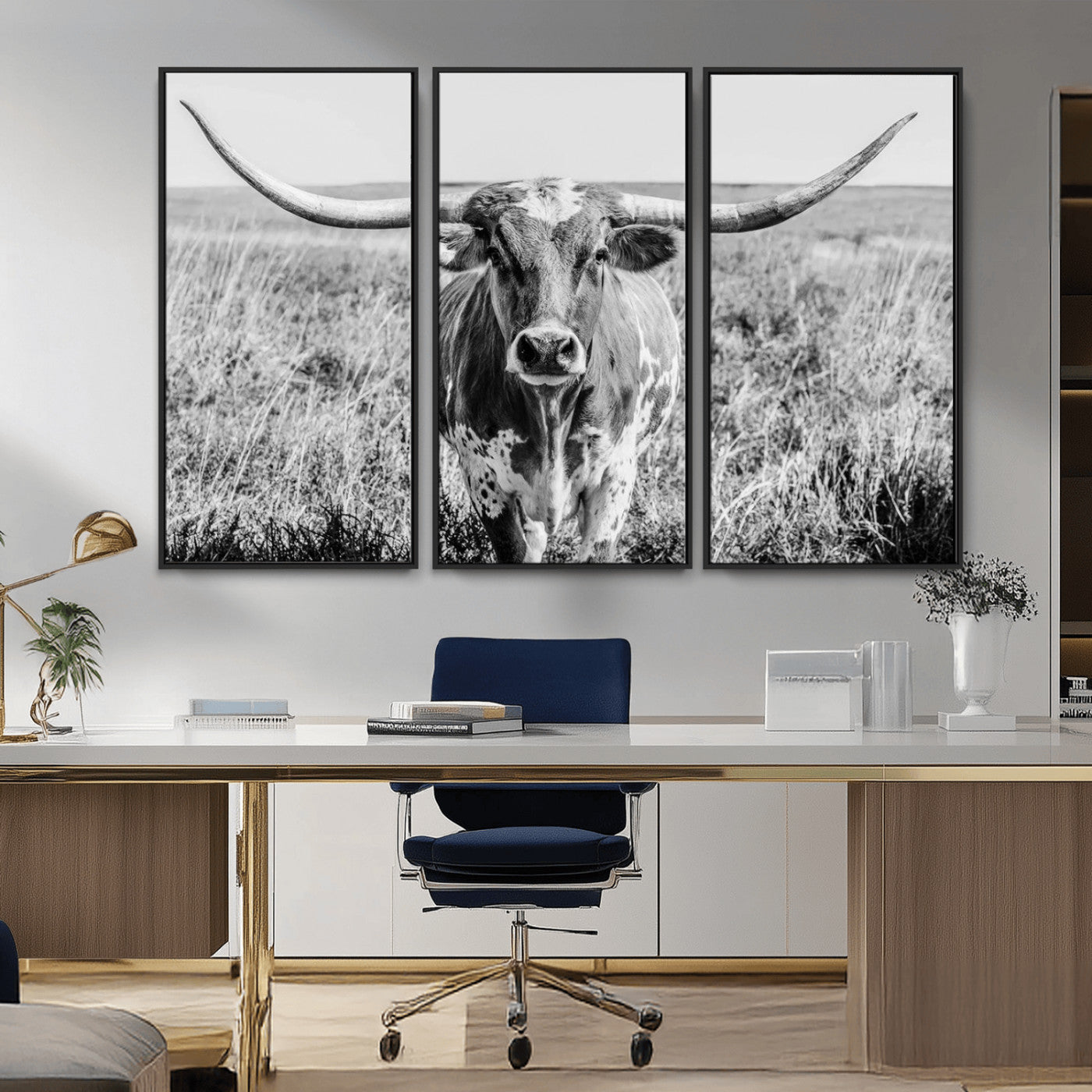 MGV-FC-48X32-3P - Texas Cow Longhorn Wall Art Canvas Print for Farm House Wall Decor, Farmhouse Wall Art Print