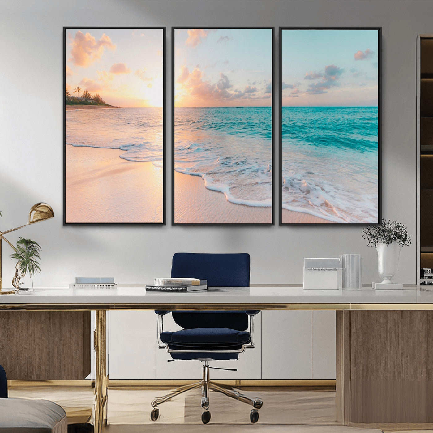 MGV-FC-48X32-3P - Beach Sunrise Wall Art, Coastal Seascape Canvas Print, Ocean Wave Multi-Panel Giclee, Coastal Sunset Beach Scene for Modern Decor