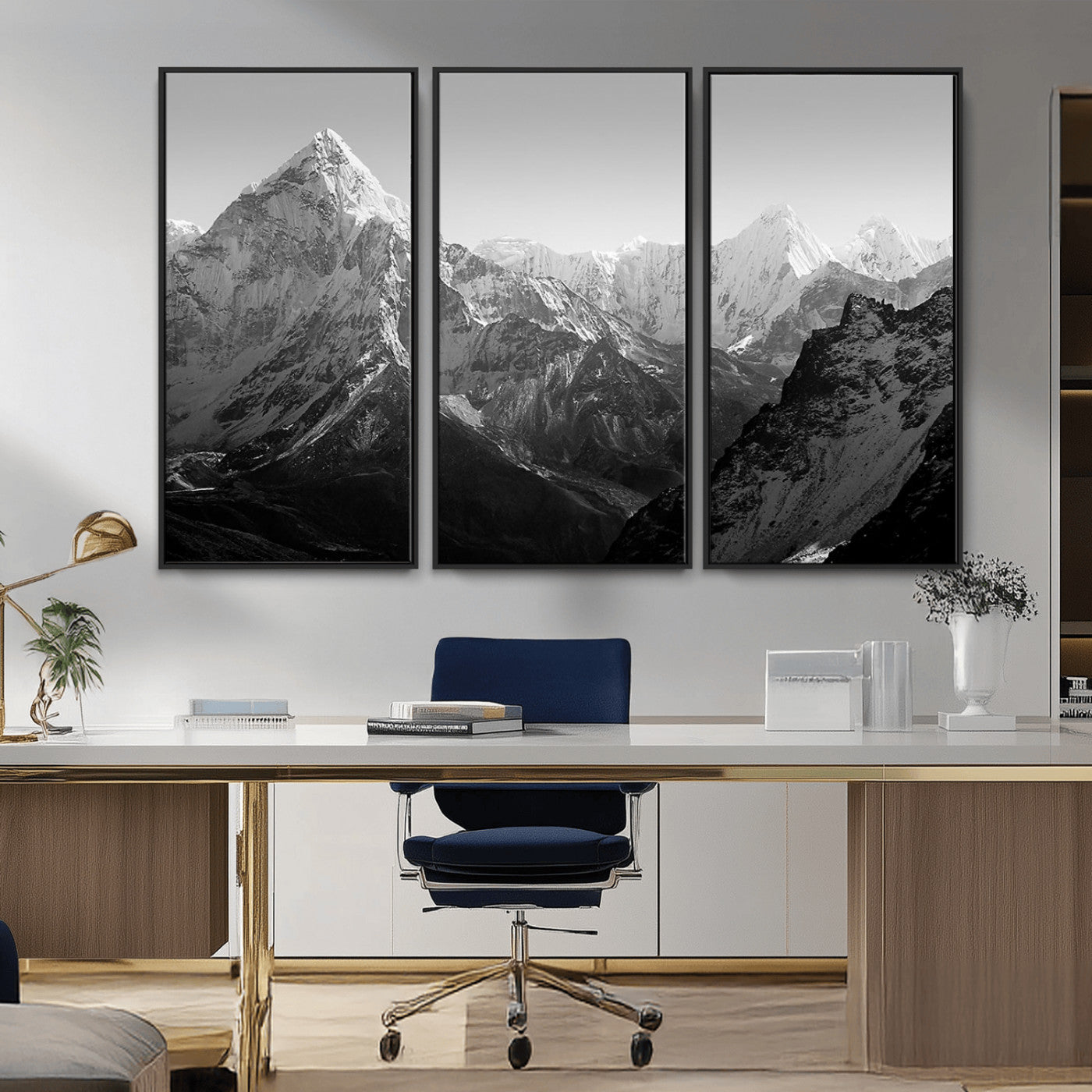 MGV-FC-48X32-3P - Everest Himalaya Mountain Peaks Black & White Triptych Canvas Art – Mountain Wall Decor for Minimalist Interiors
